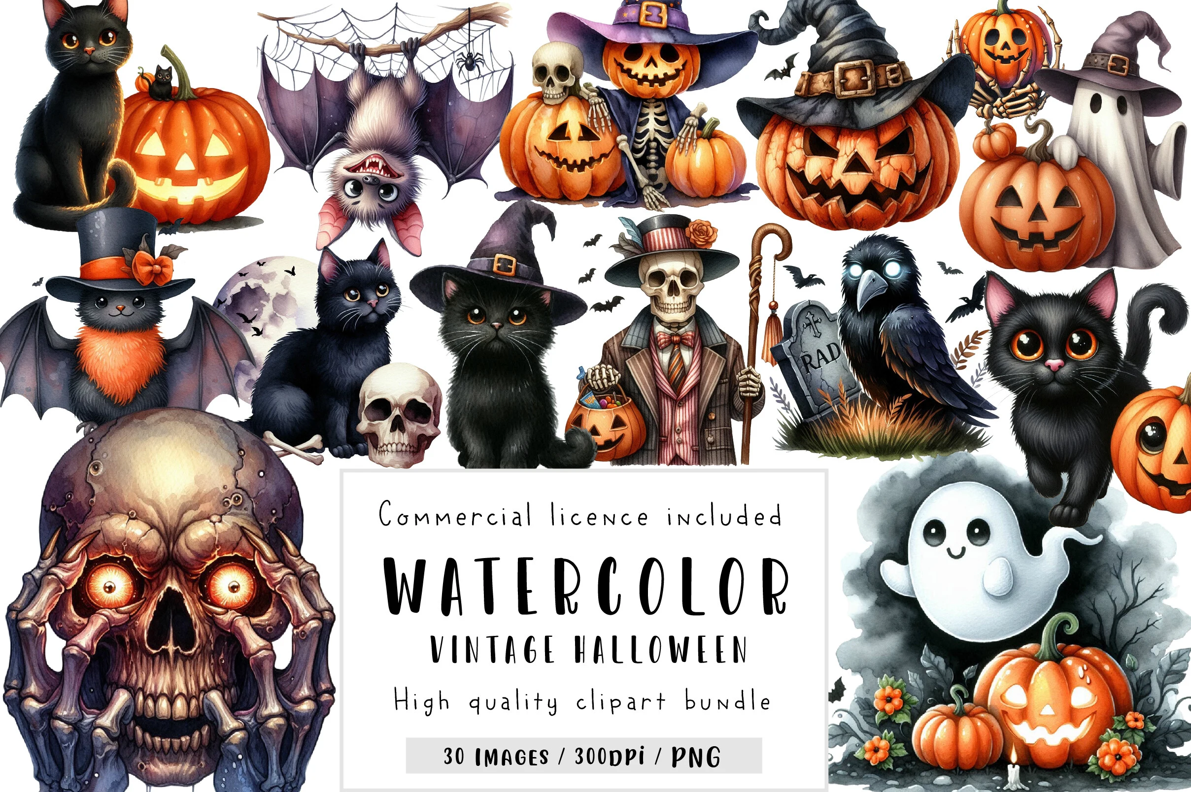 Watercolor Vintage Halloween clipart bundle featuring a collection of illustrated jack-o'-lanterns, black cats, skeletons, ghosts, a crow, and a tombstone, all isolated on a white background.