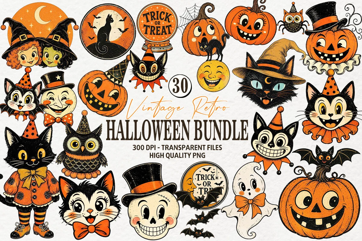 Vintage Halloween Clipart featuring black cats and jack-o'-lanterns