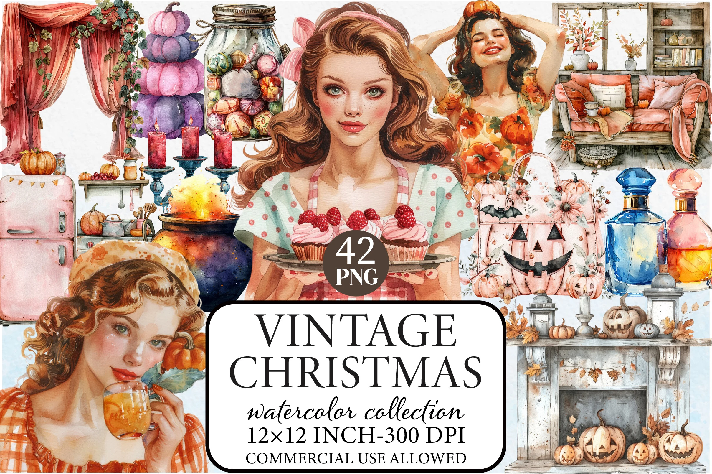 Vintage Halloween Clipart featuring pin-up style women and pumpkins