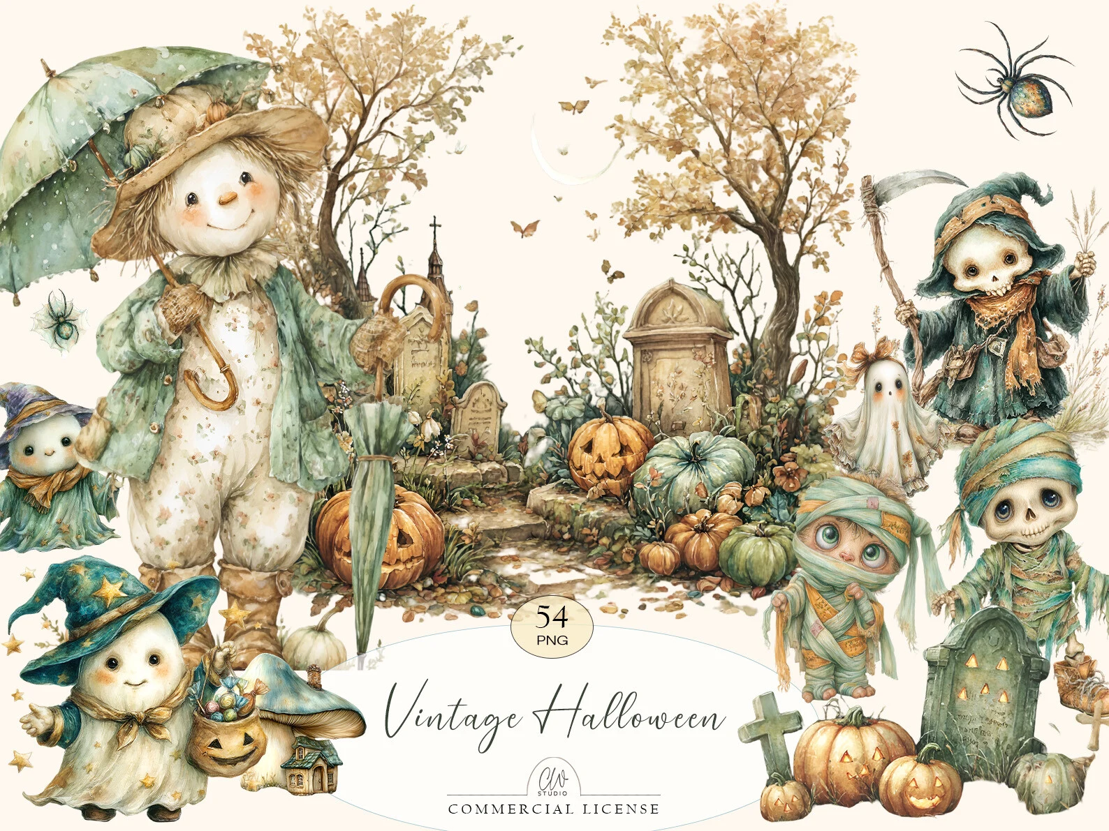 Vintage Halloween Clipart Set featuring snowman and skeleton