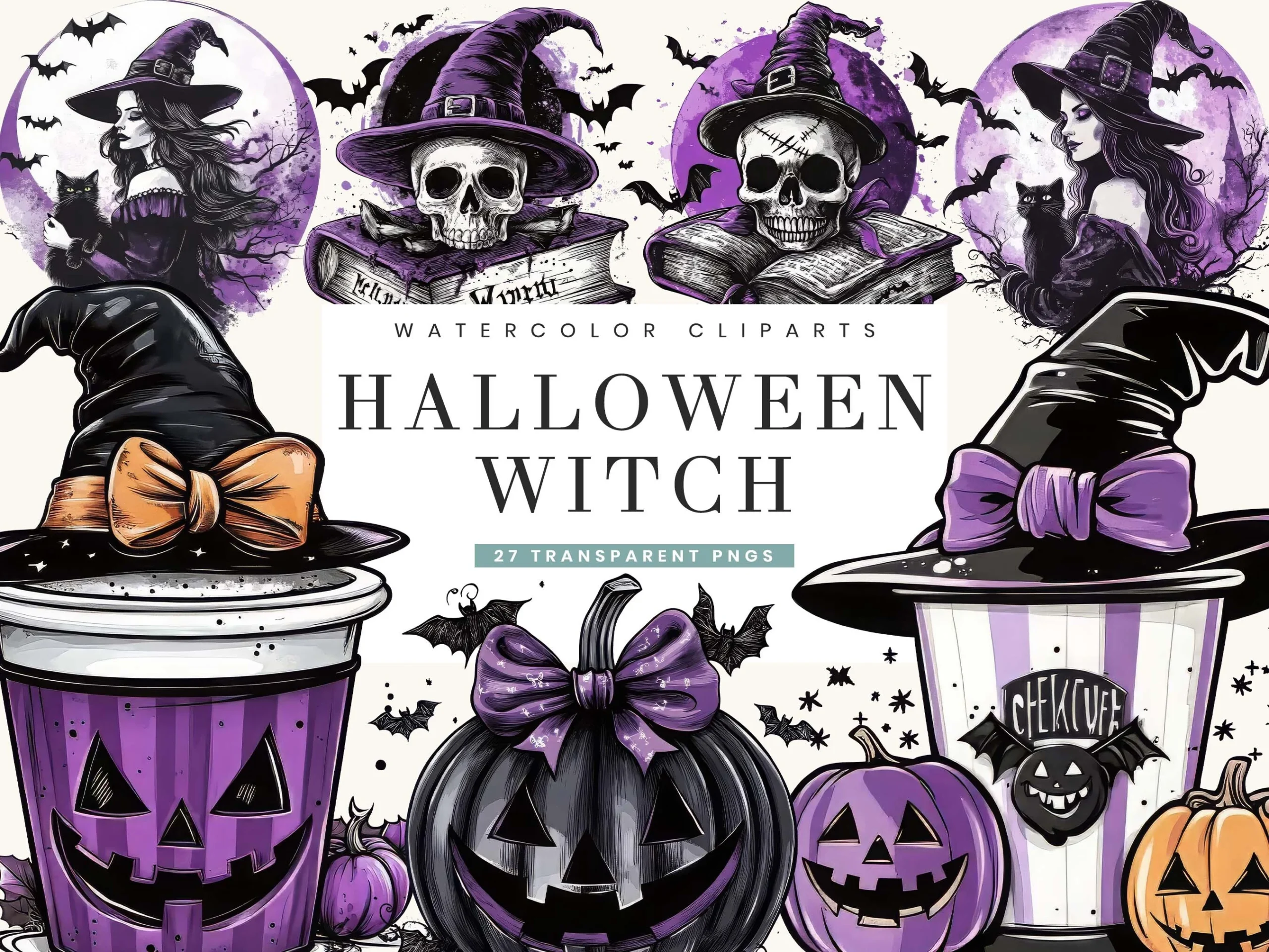 Vintage Halloween Witch Clipart featuring witches and skulls