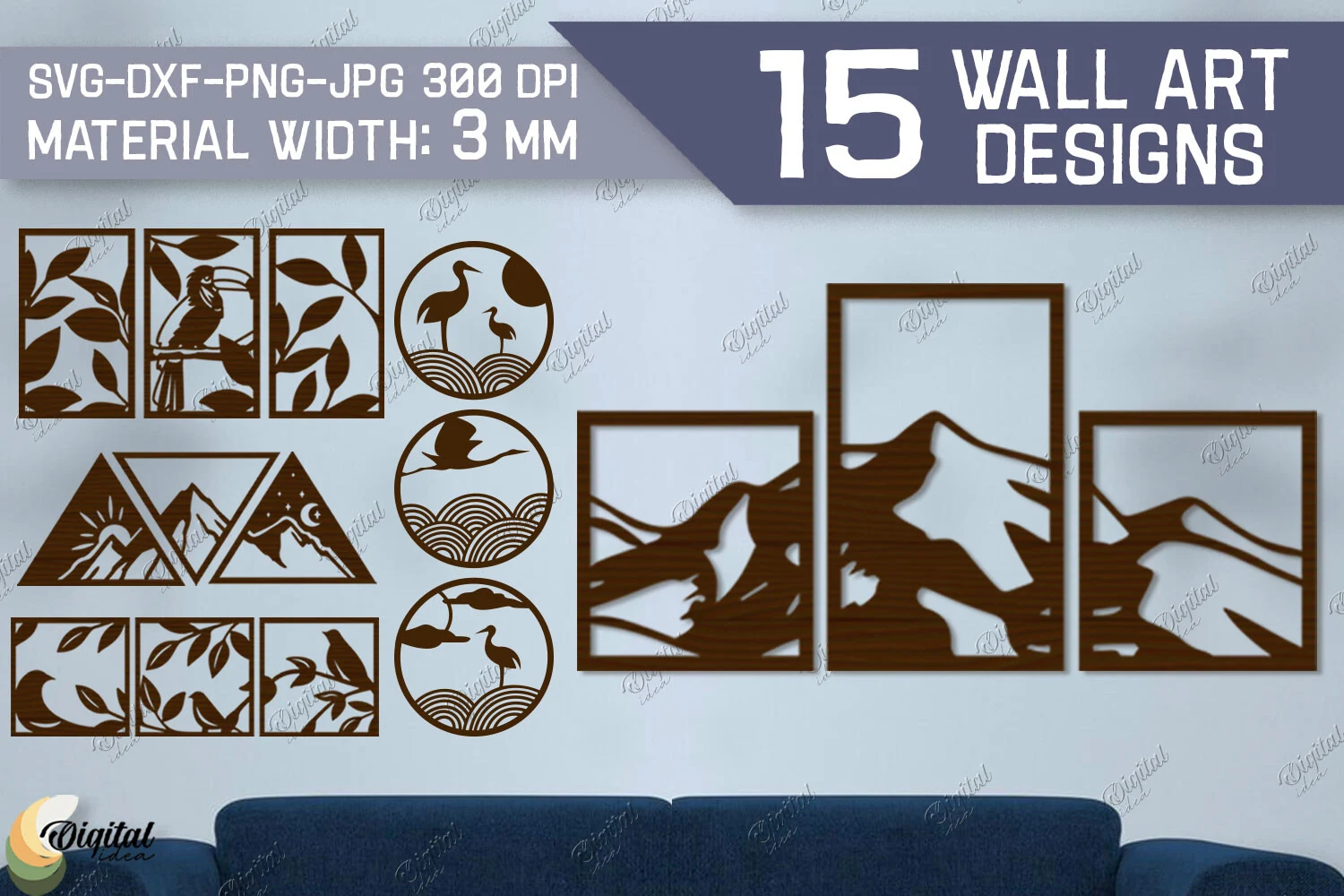 Wall Art LaserCut Bundle. Home Decor SVG preview showing laser-cut design with silhouette
