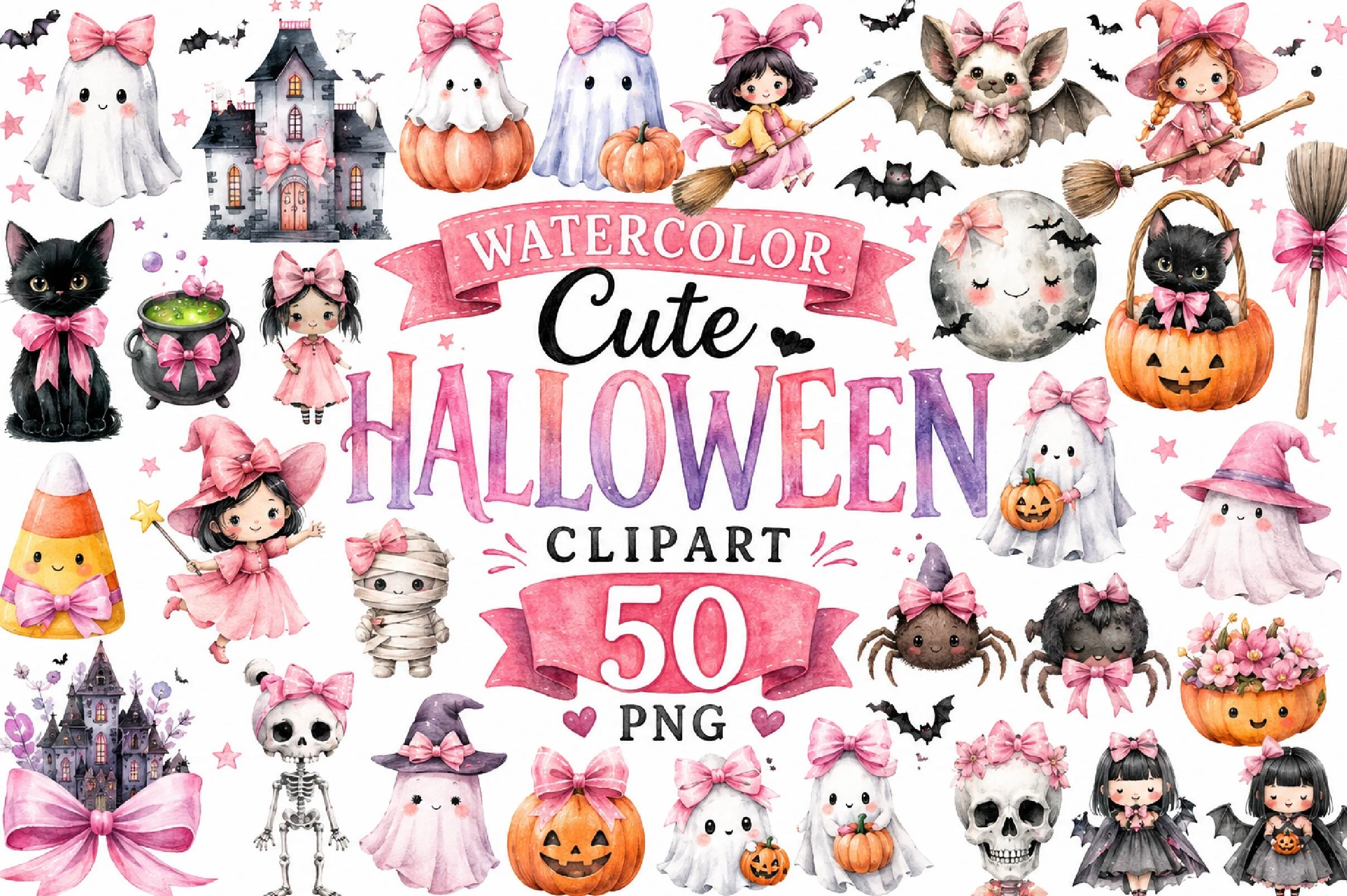 Watercolor Cute Halloween Clipart set featuring various isolated watercolor illustrations of ghosts, witches, pumpkins, skeletons, and bats decorated with pink bows in a kawaii style.