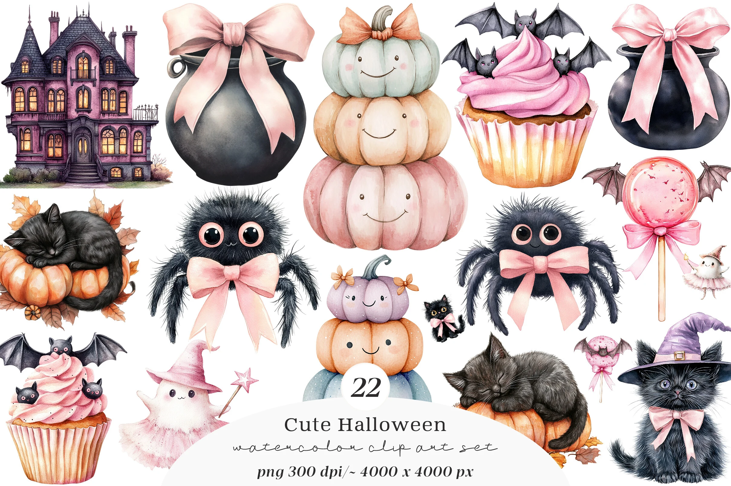 Watercolor Cute Halloween Clipart featuring haunted house and cauldrons