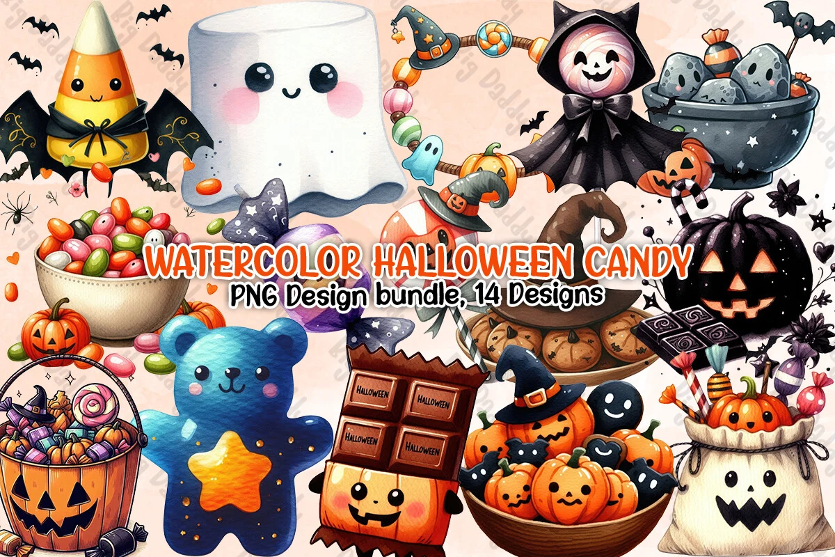 Watercolor Halloween Candy Clipart PNG featuring candy corn with bat wings and marshmallow ghost