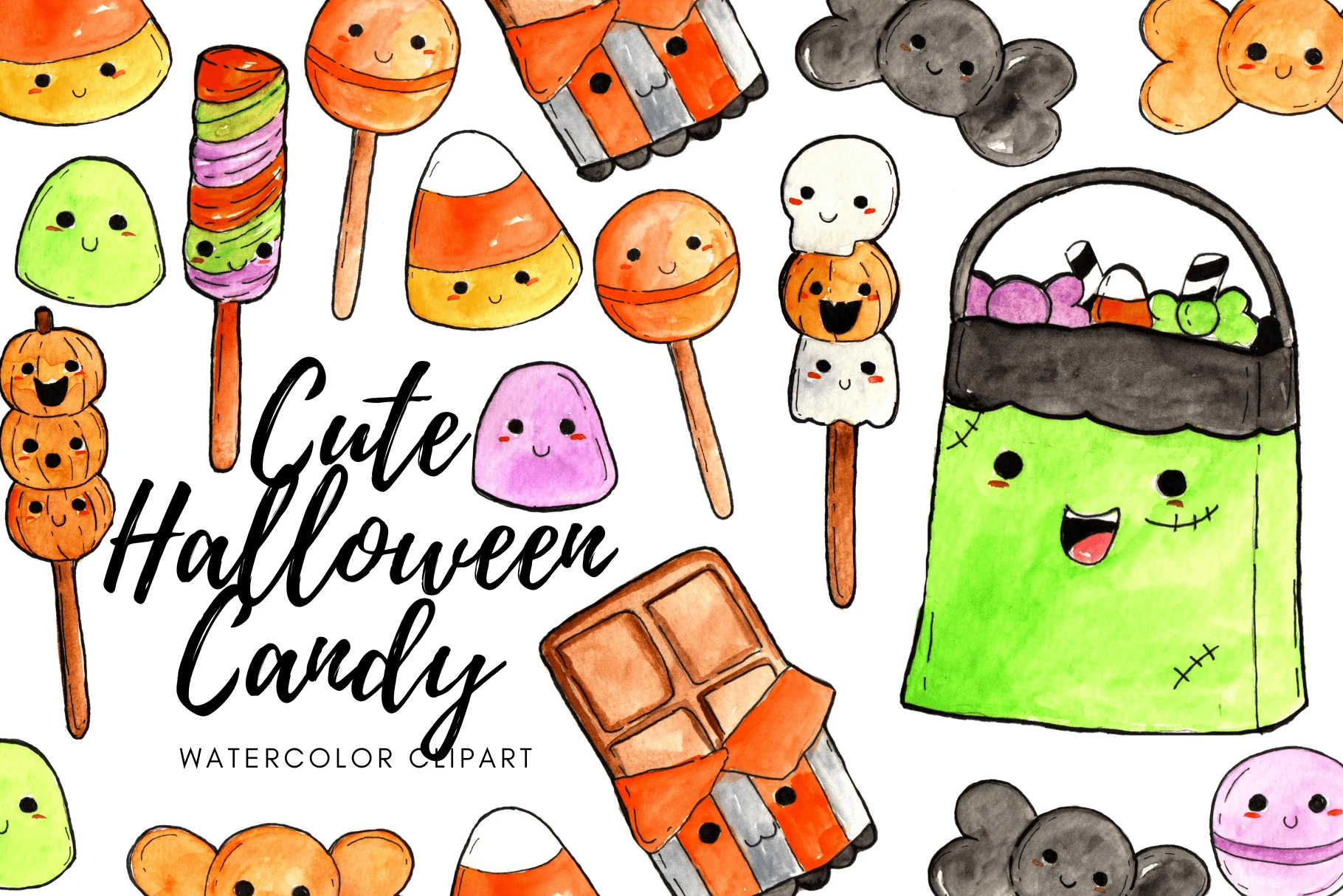 Watercolor Halloween Candy Clipart featuring Halloween candy and Frankenstein trick-or-treat bucket