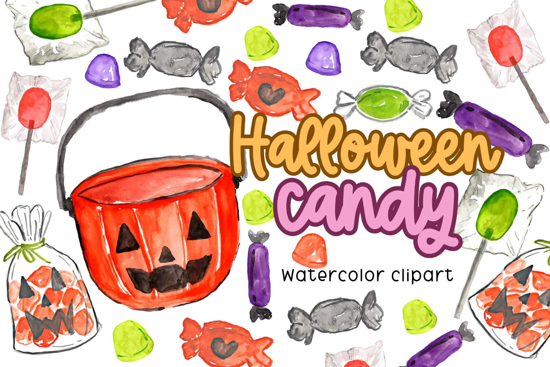Watercolor Halloween Candy Clipart preview showing Halloween motifs with soft watercolor texture