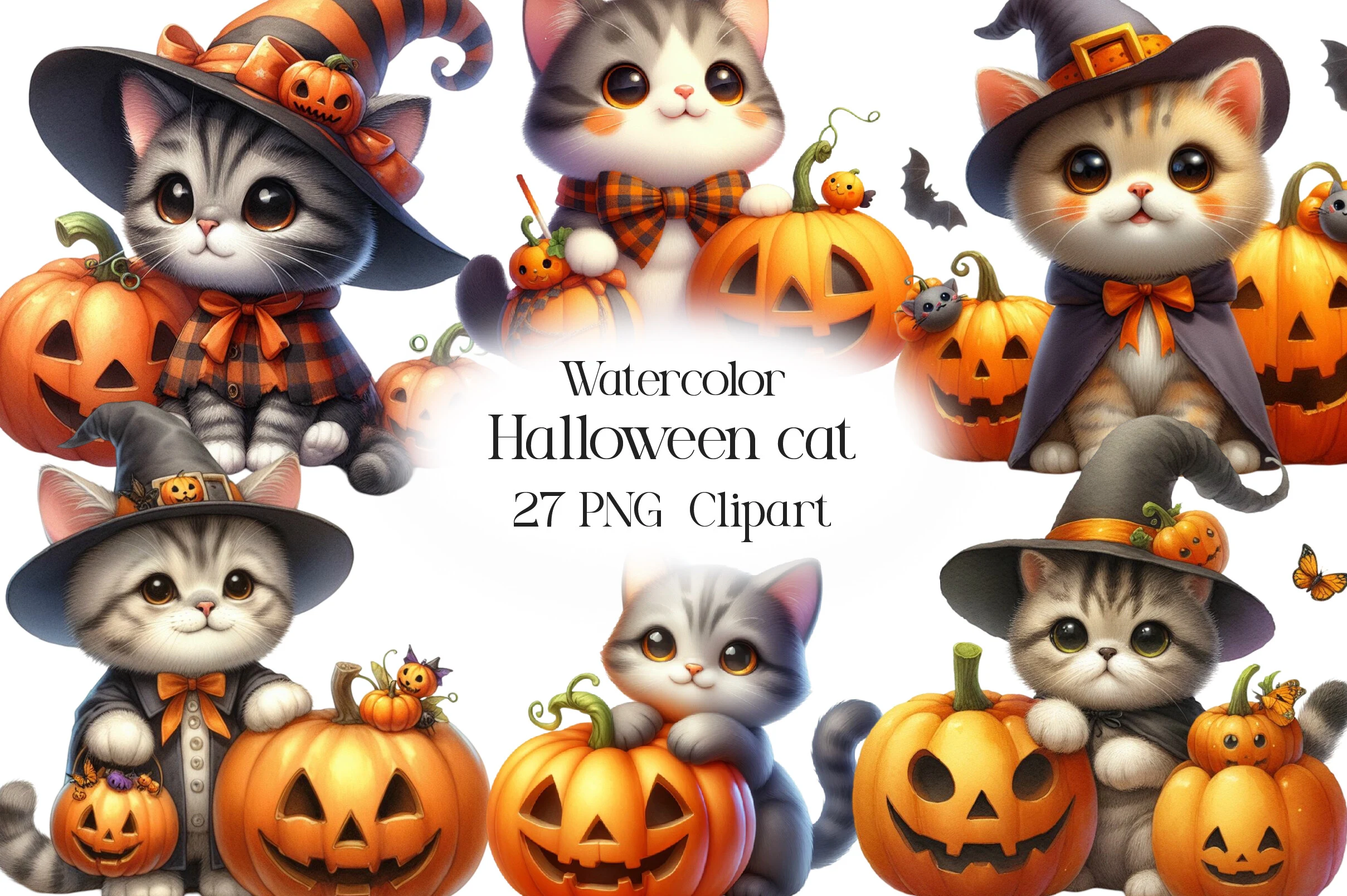 Watercolor Halloween Cat Clipart featuring cats and kittens