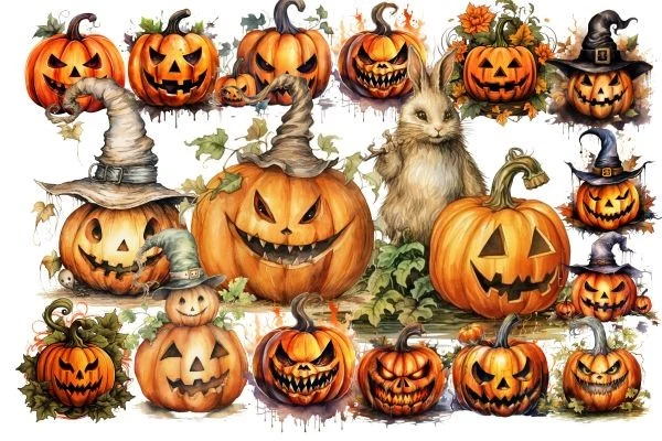 Watercolor Halloween Pumpkin Clipart featuring Jack-o'-lanterns and Rabbit