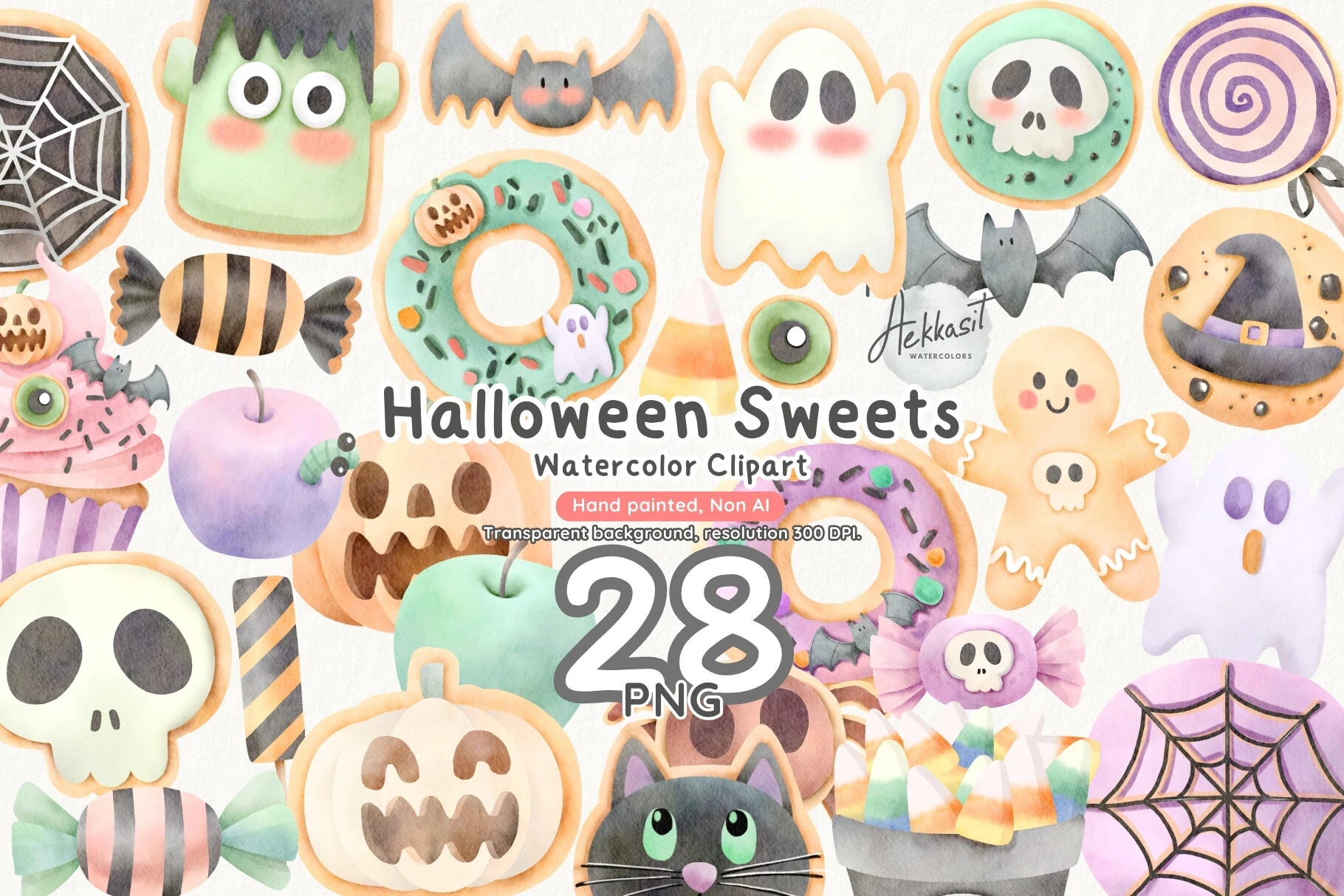 Watercolor Halloween Sweets Clipart featuring Halloween characters and Halloween sweets