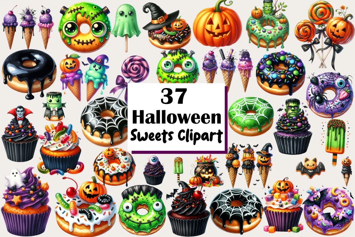 Watercolor Halloween Sweets Clipart featuring Halloween donuts and Halloween cupcakes