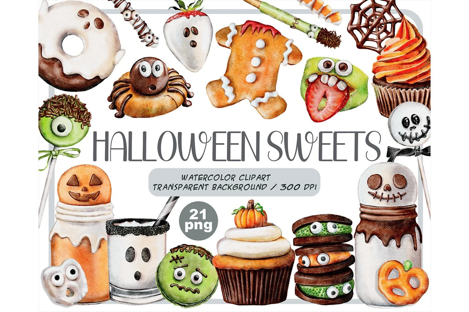 Watercolor Halloween Sweets Clipart Set featuring Halloween sweets and ghosts