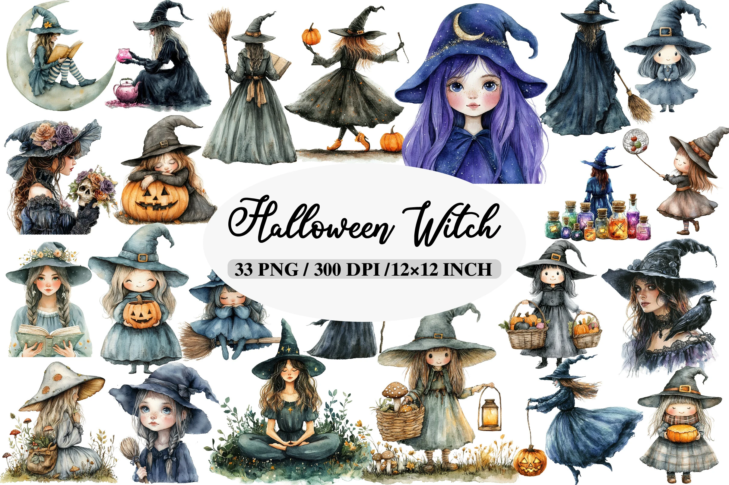 Watercolor Halloween Witch Clipart featuring witch and little girl
