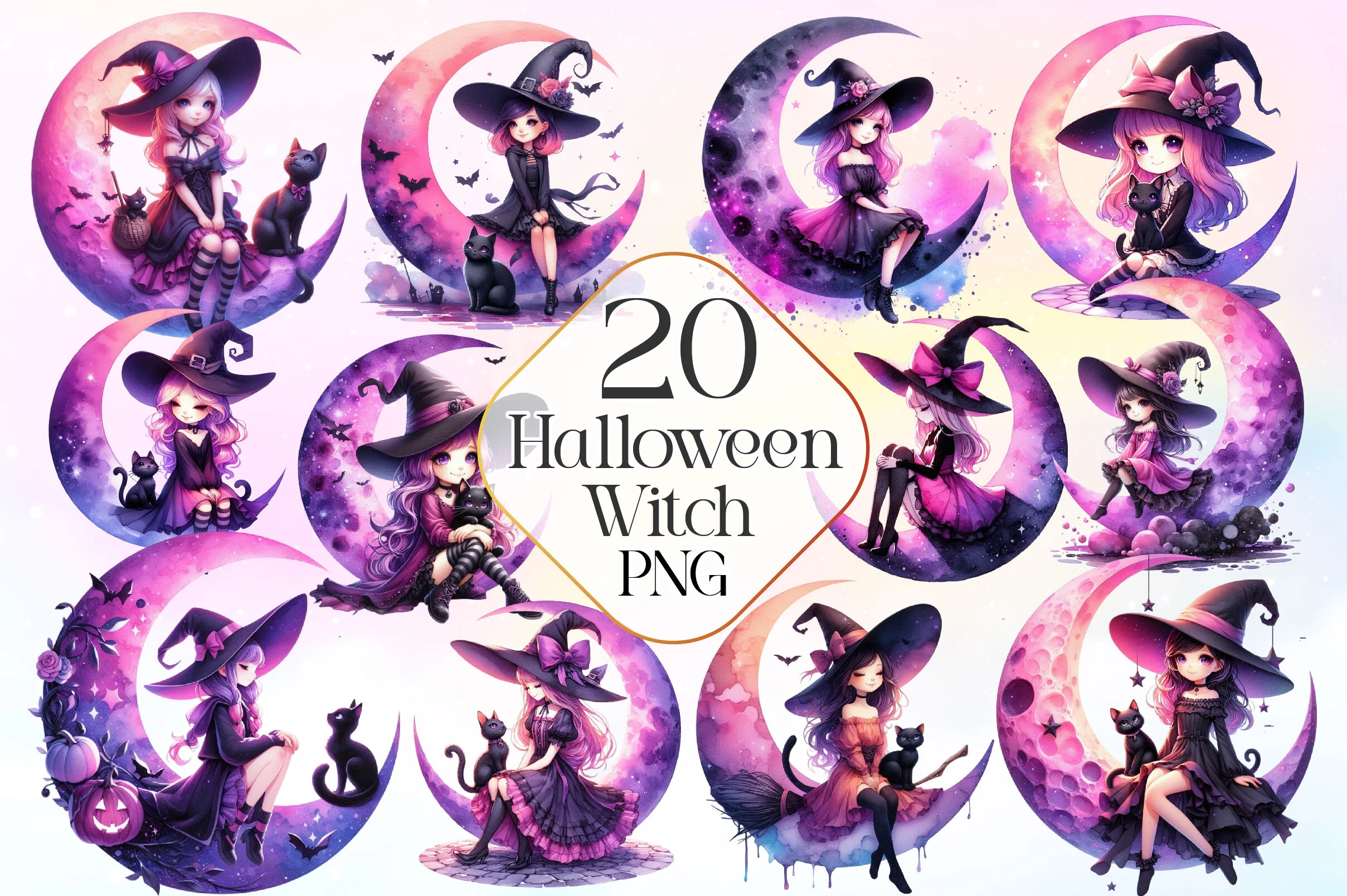 Watercolor Halloween Witch Clipart featuring witch and cat