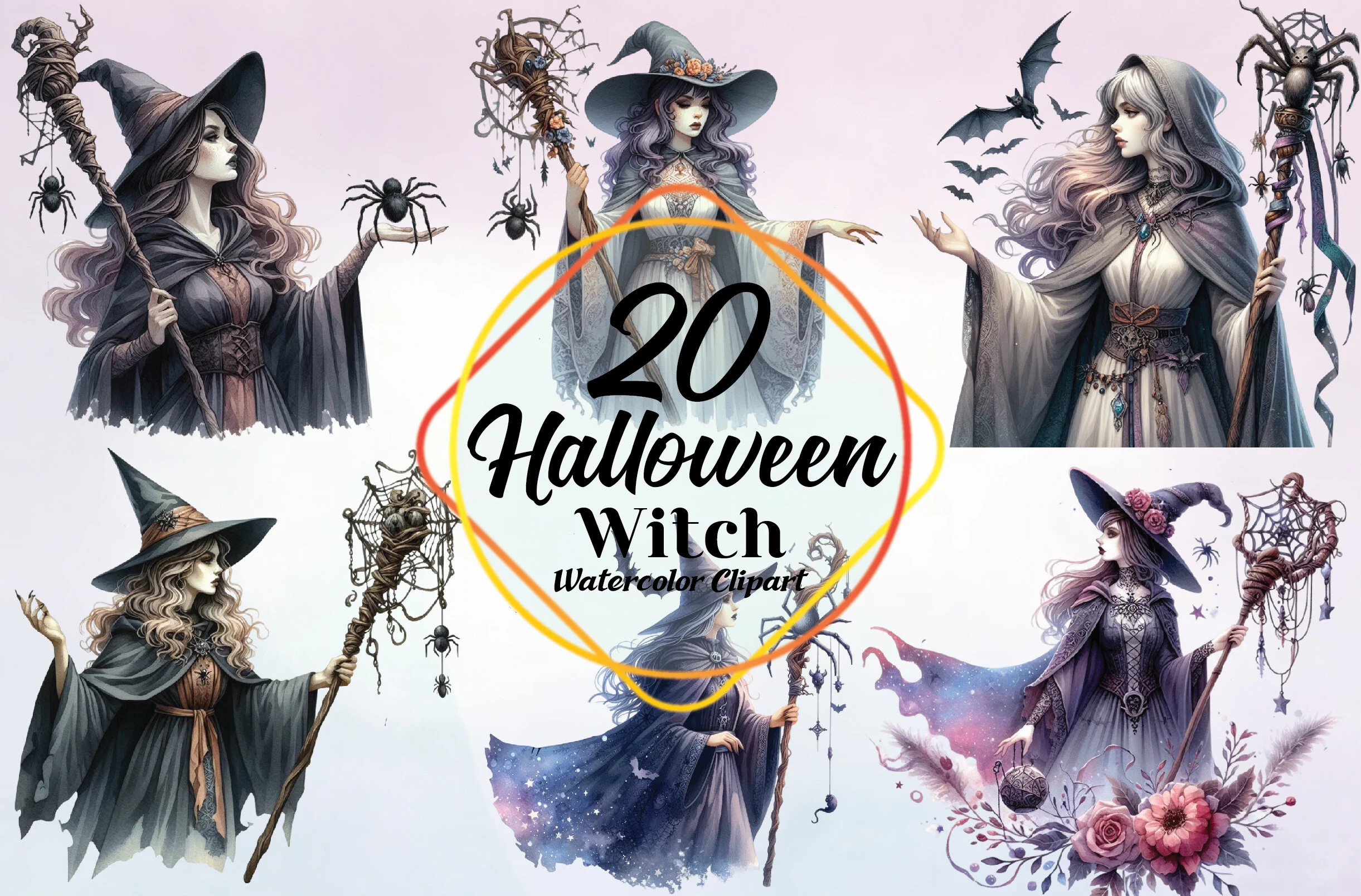 Watercolor Halloween Witch Clipart featuring witch and spider