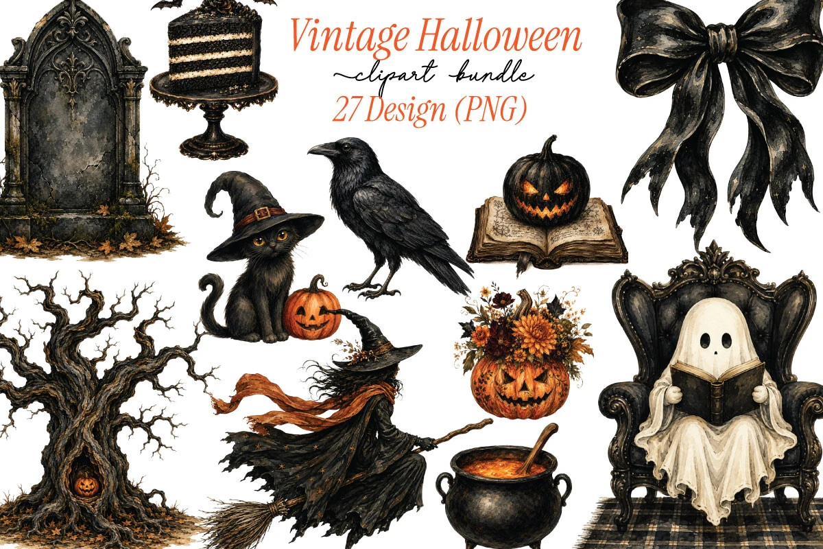 Watercolor Vintage Halloween Clipart featuring tombstone and layer cake