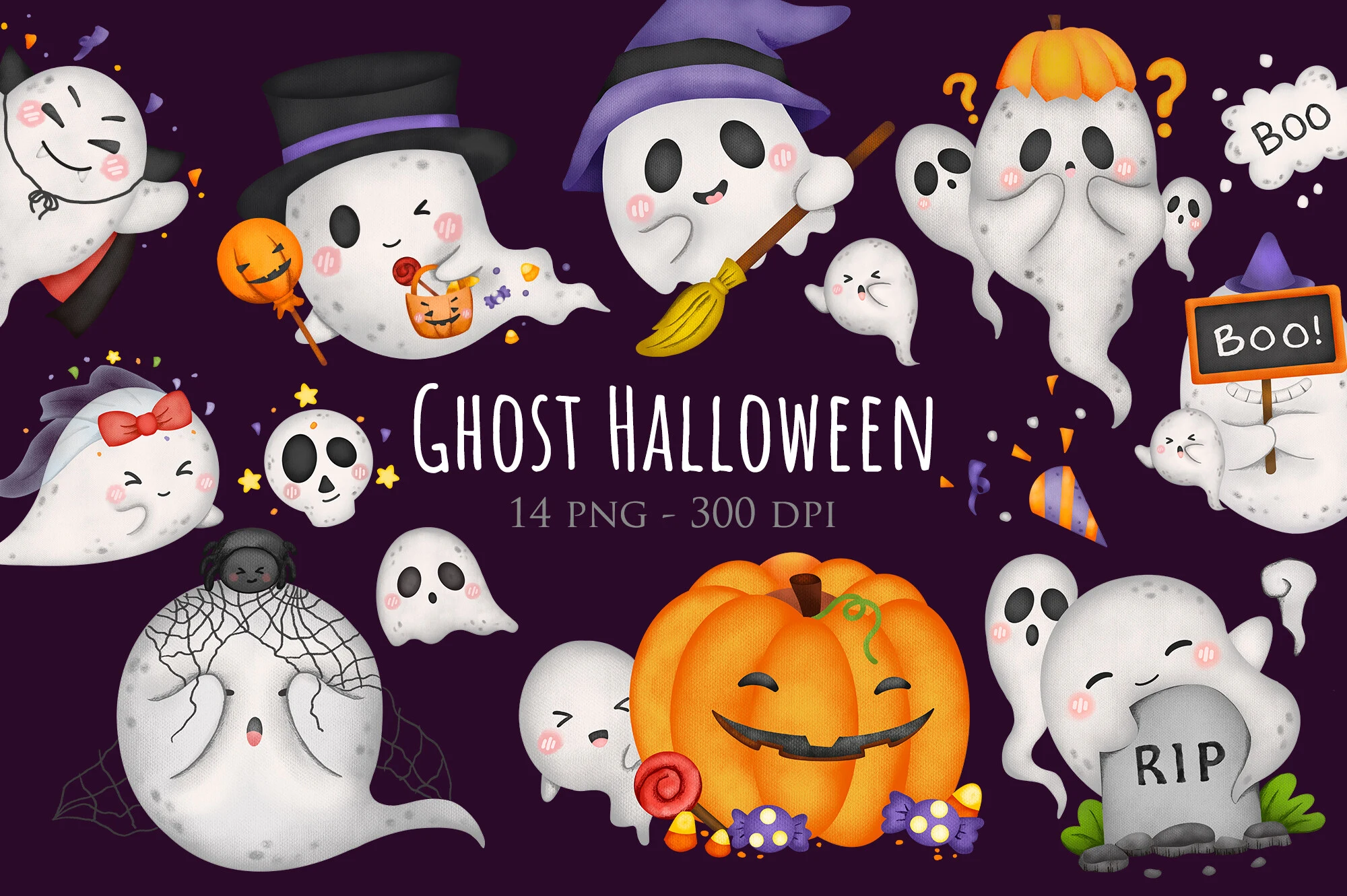 Watercolour Cute Halloween Ghost Clipart featuring ghosts and jack-o'-lanterns