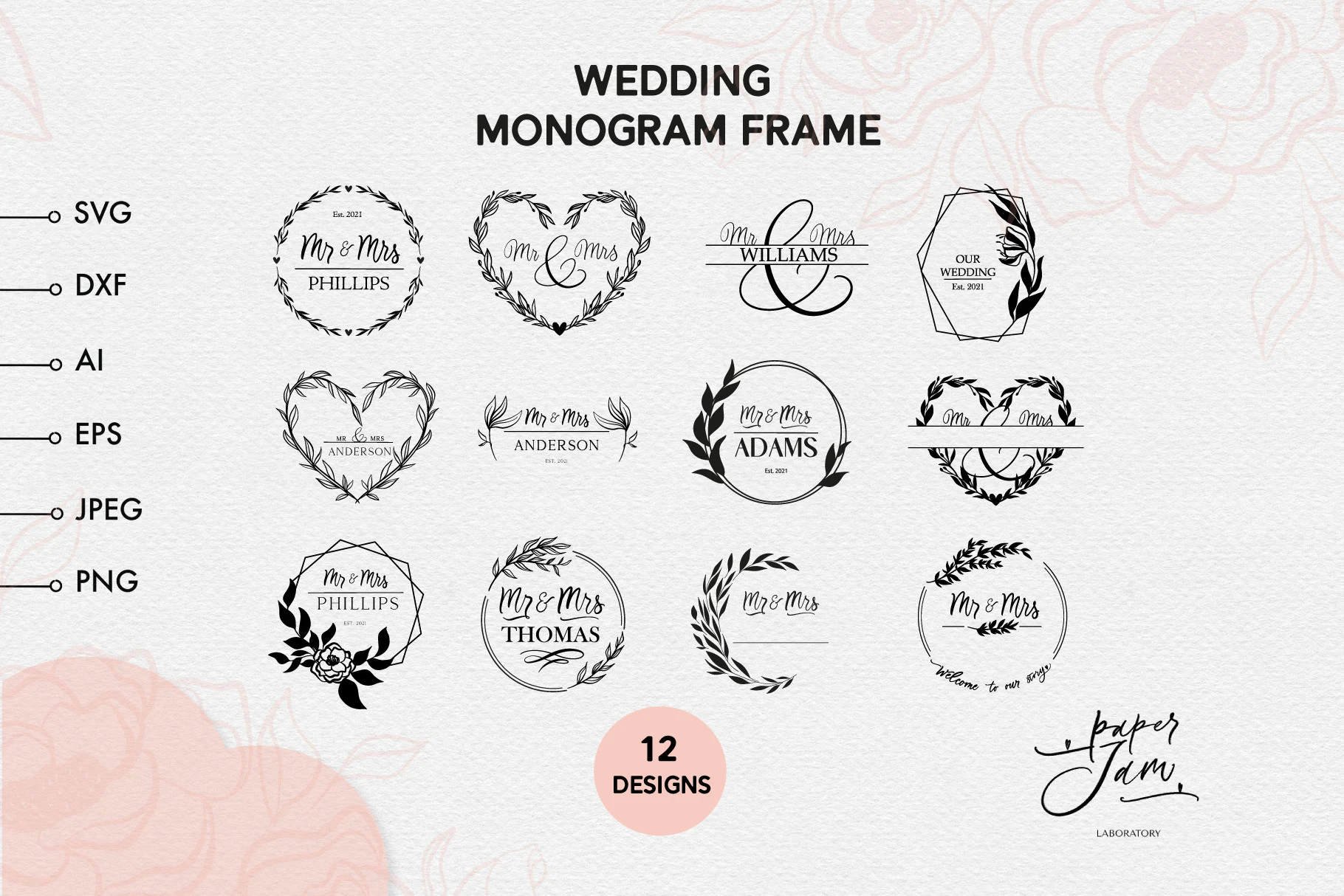 Wedding Frame Monogram Svg Bundle featuring wedding monograms and wreaths