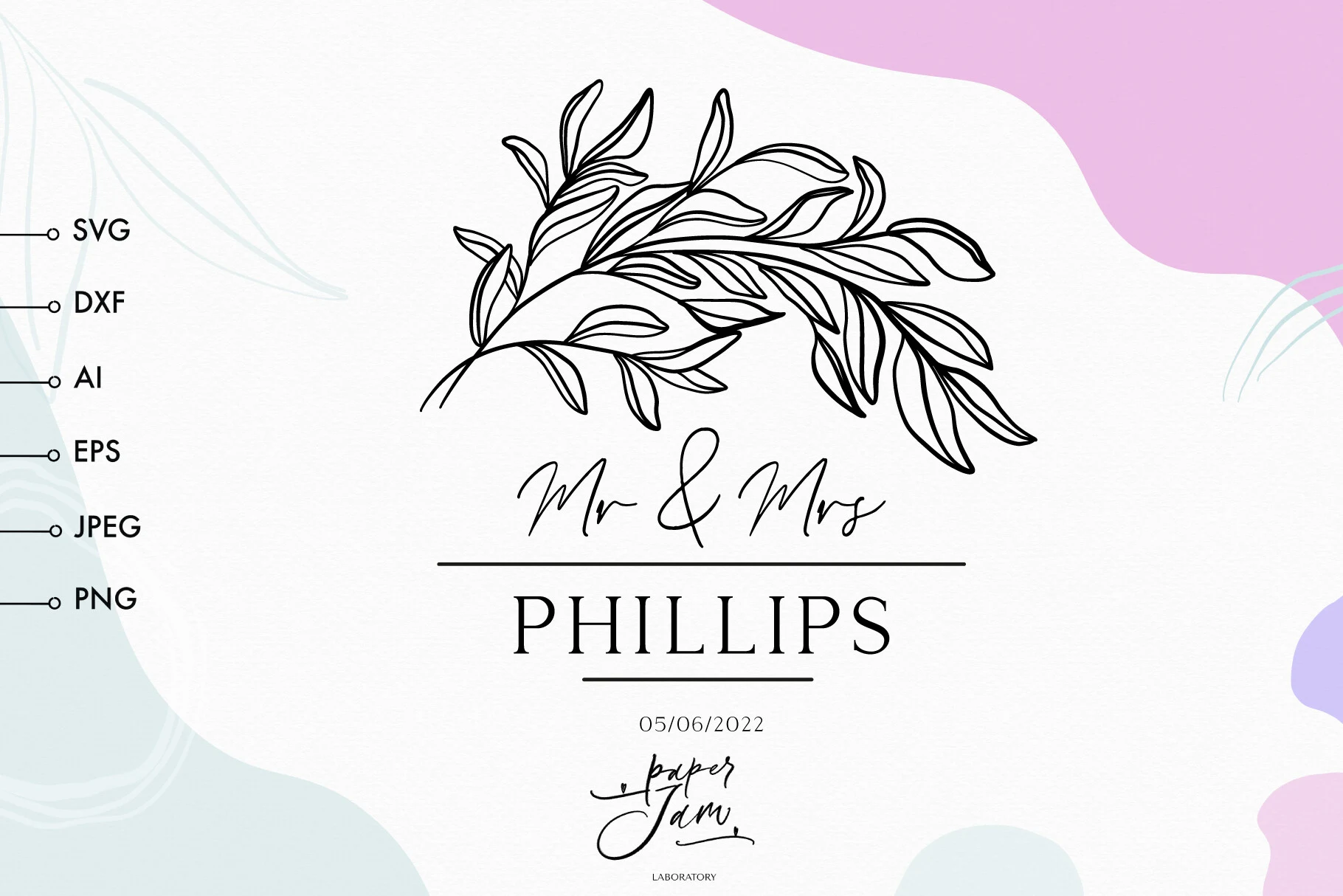 Wedding Frame Monogram Svg preview showing botanical motifs with period-inspired styling