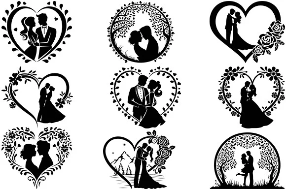 Wedding Heart Bride Groom Svg Bundle featuring couples and wedding