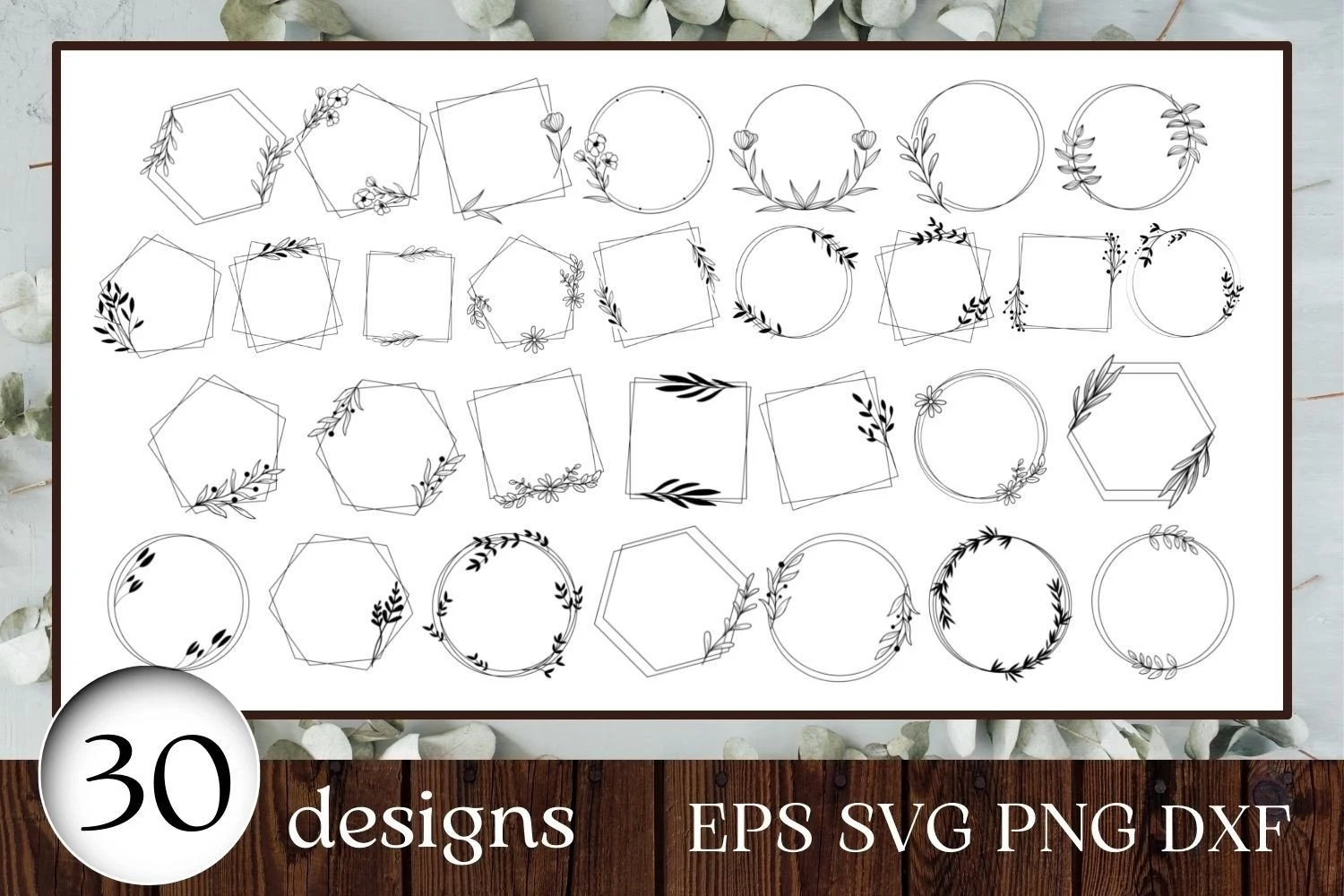 Wedding Monogram Svg Bundle featuring geometric frames and botanical wreaths