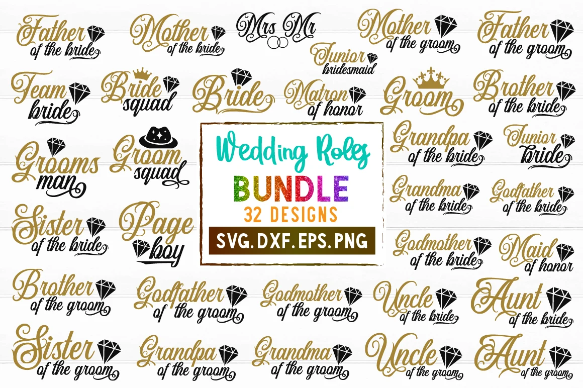 Wedding Quotes SVG Design Bundle featuring wedding party titles and diamonds