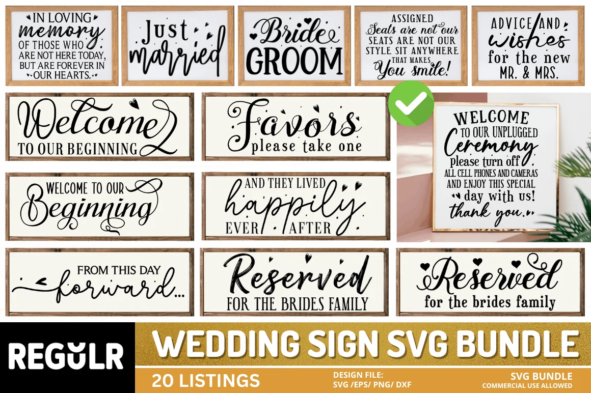 WEDDING SIGN SVG BUNDLE digital collection featuring 13 distinct rectangular sign designs with black wedding-themed text and simple graphic elements on a light background.