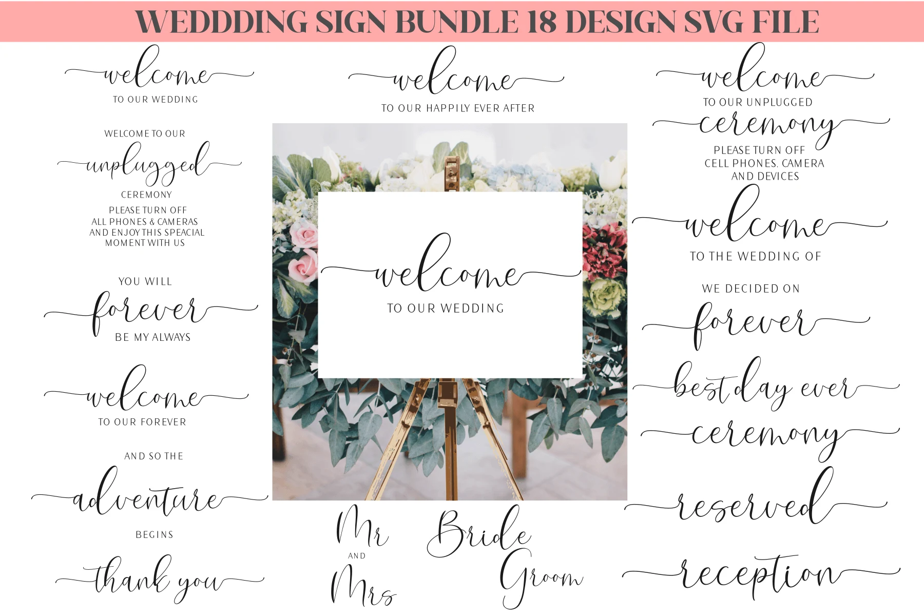 Wedding Sign Svg Bundle, Welcome Svg preview showing SVG design with silhouette