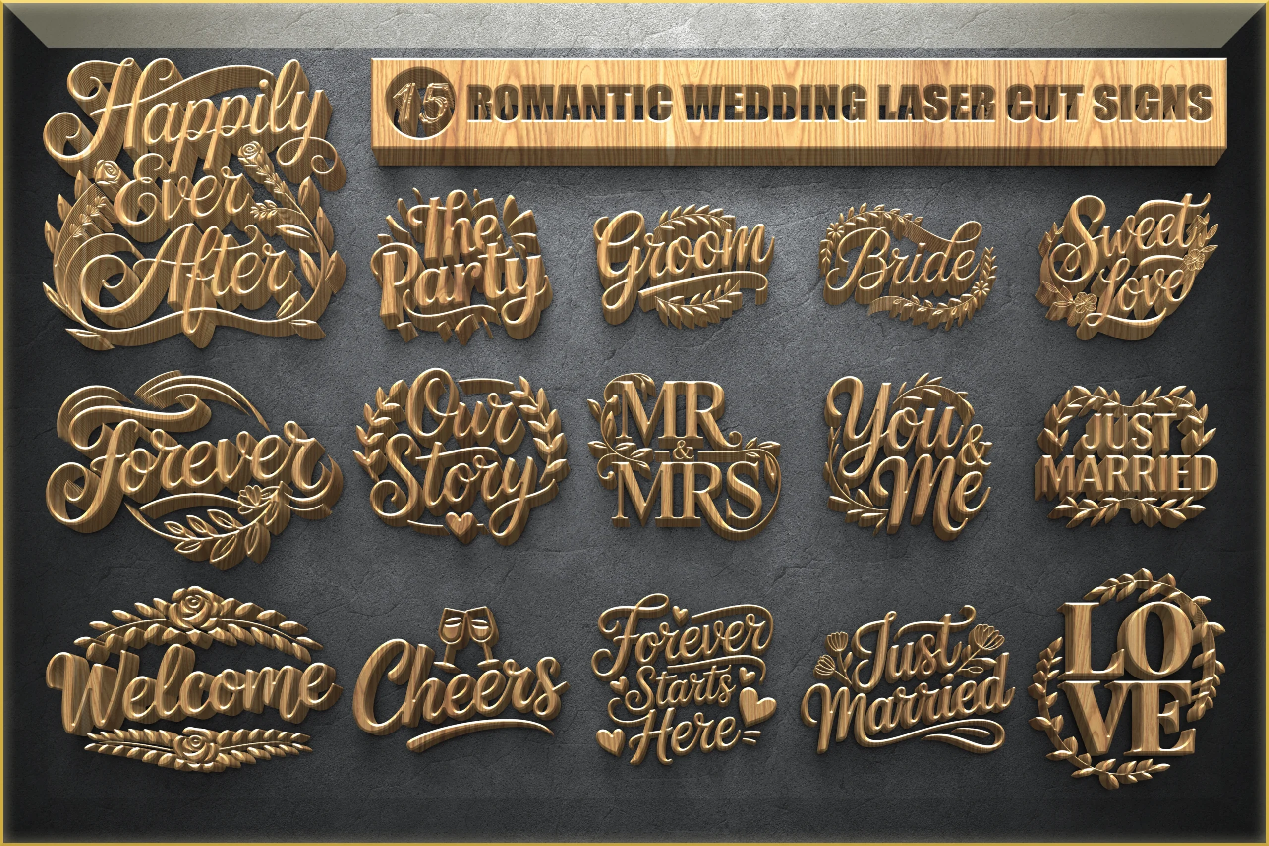 Wedding Sign SVG Set featuring wedding signs and floral wreaths
