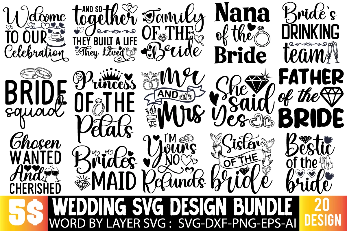 Wedding SVG Bundle featuring wedding motifs and rings