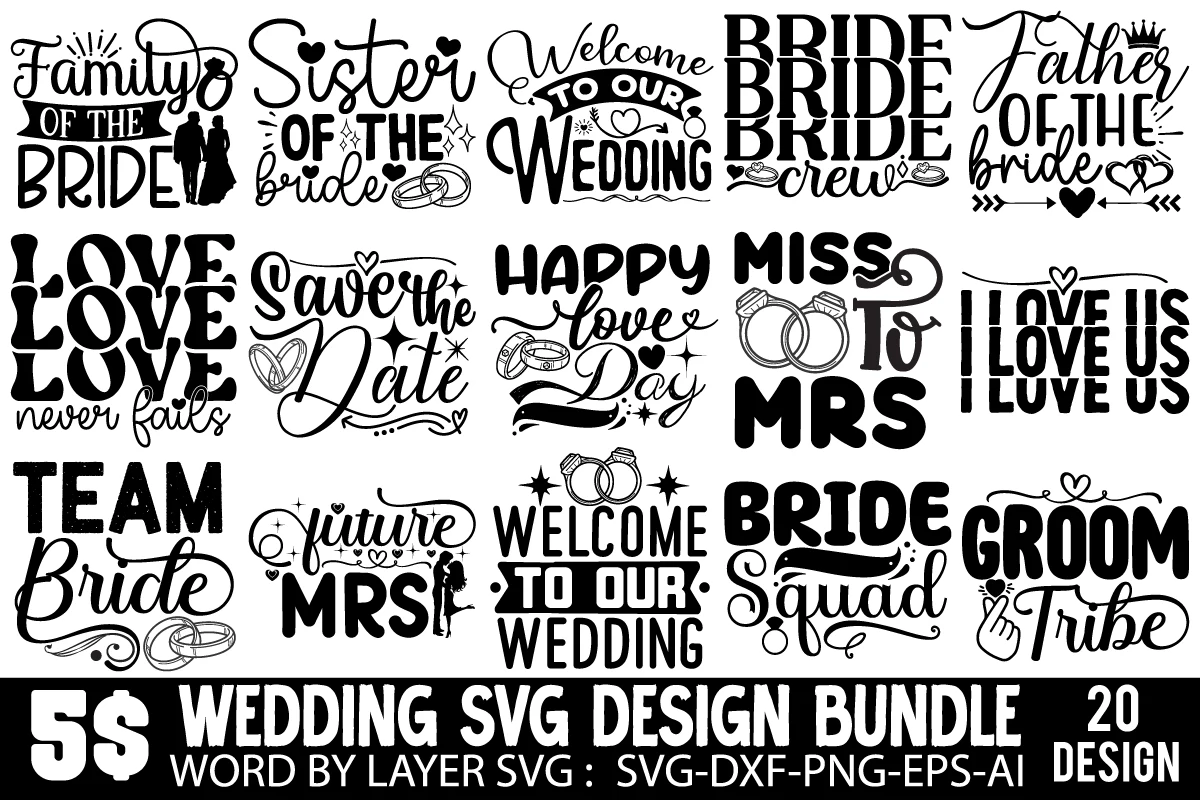 Wedding SVG Bundle featuring wedding rings and bride and groom silhouettes