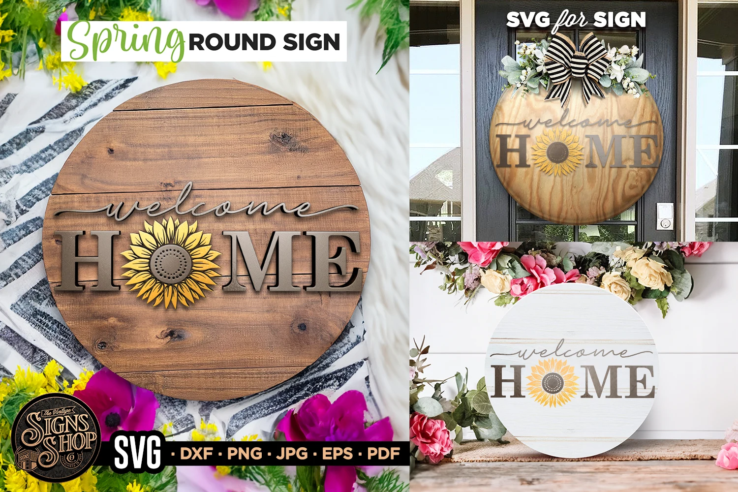 Welcome Home Sunflower | SVG Round Sign featuring sunflower and circular wooden sign