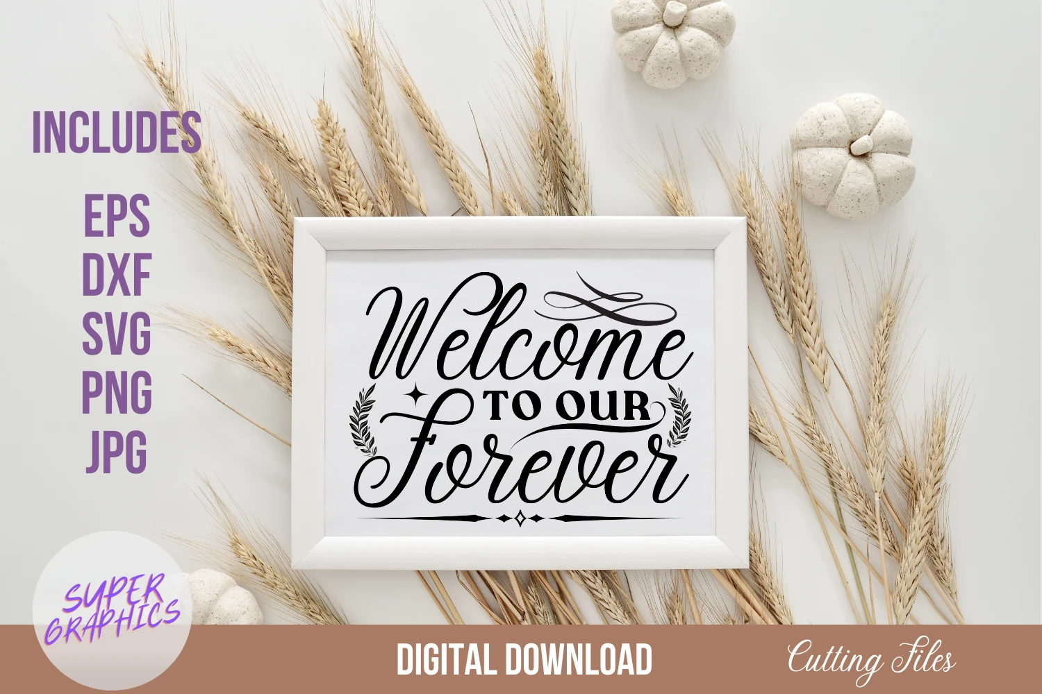 Welcome to Our Forever, Wedding Sign SVG featuring lettering and botanical flourishes