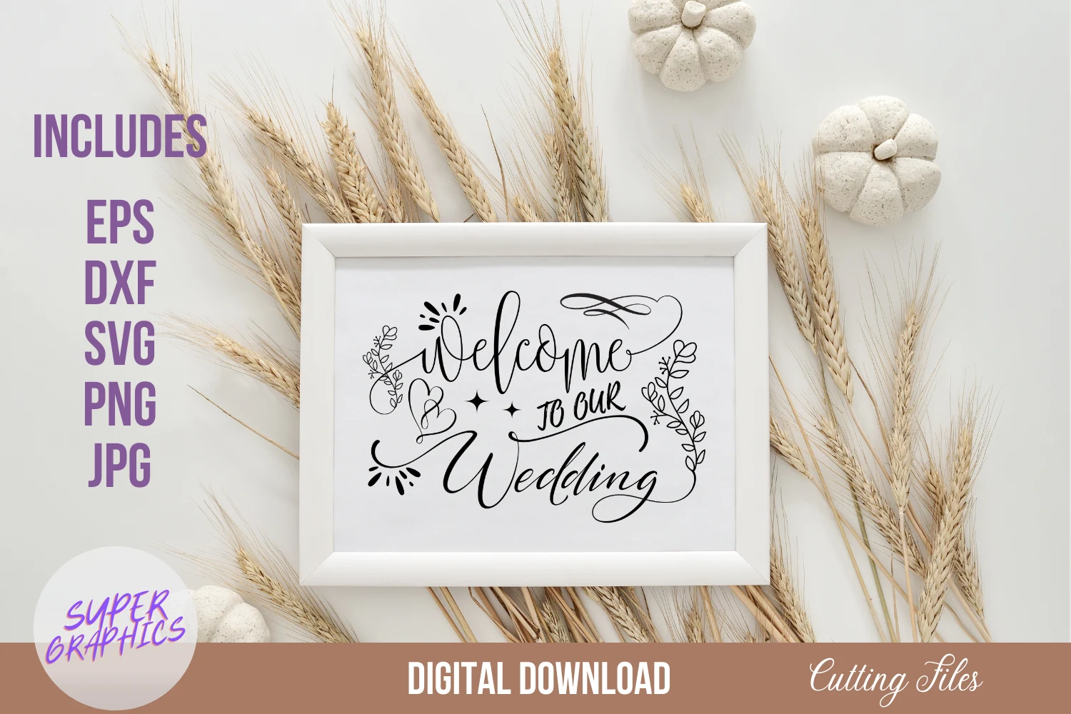 Welcome to Our Wedding Sign SVG preview showing SVG design with silhouette