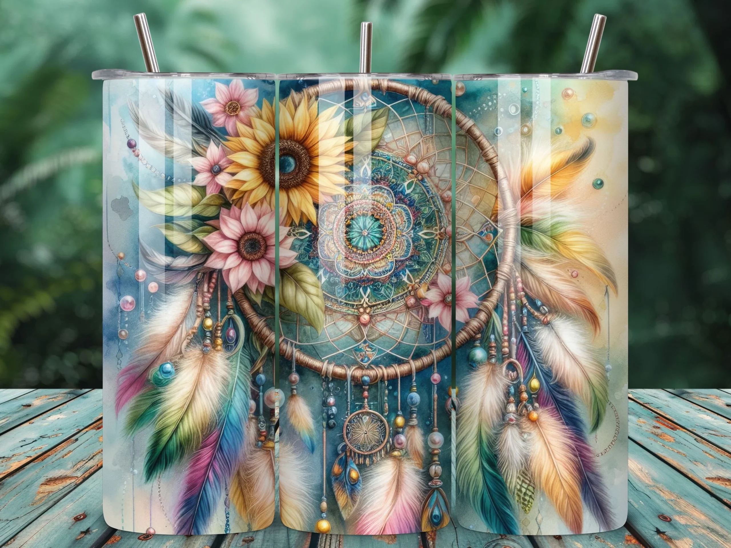 Western Boho Dreamcatcher Tumbler Wraps featuring dreamcatcher and sunflower