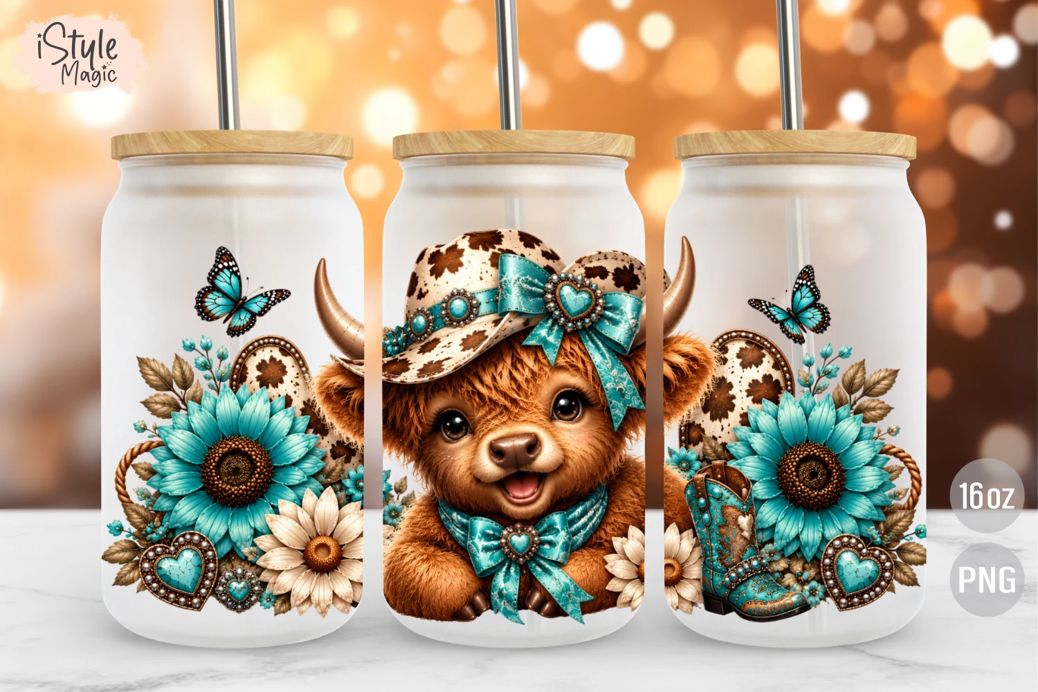 Western Highland Cow 16oz Glass Can Wrap featuring highland cow and cowboy hat
