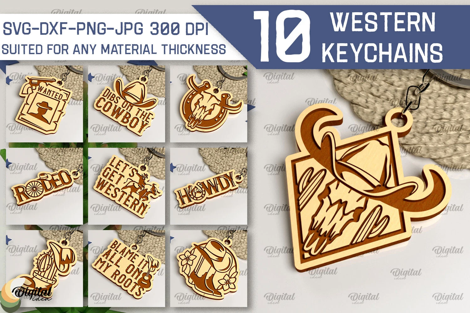 Western Keychains Laser Cut Bundle featuring cowboy hat and cow skull