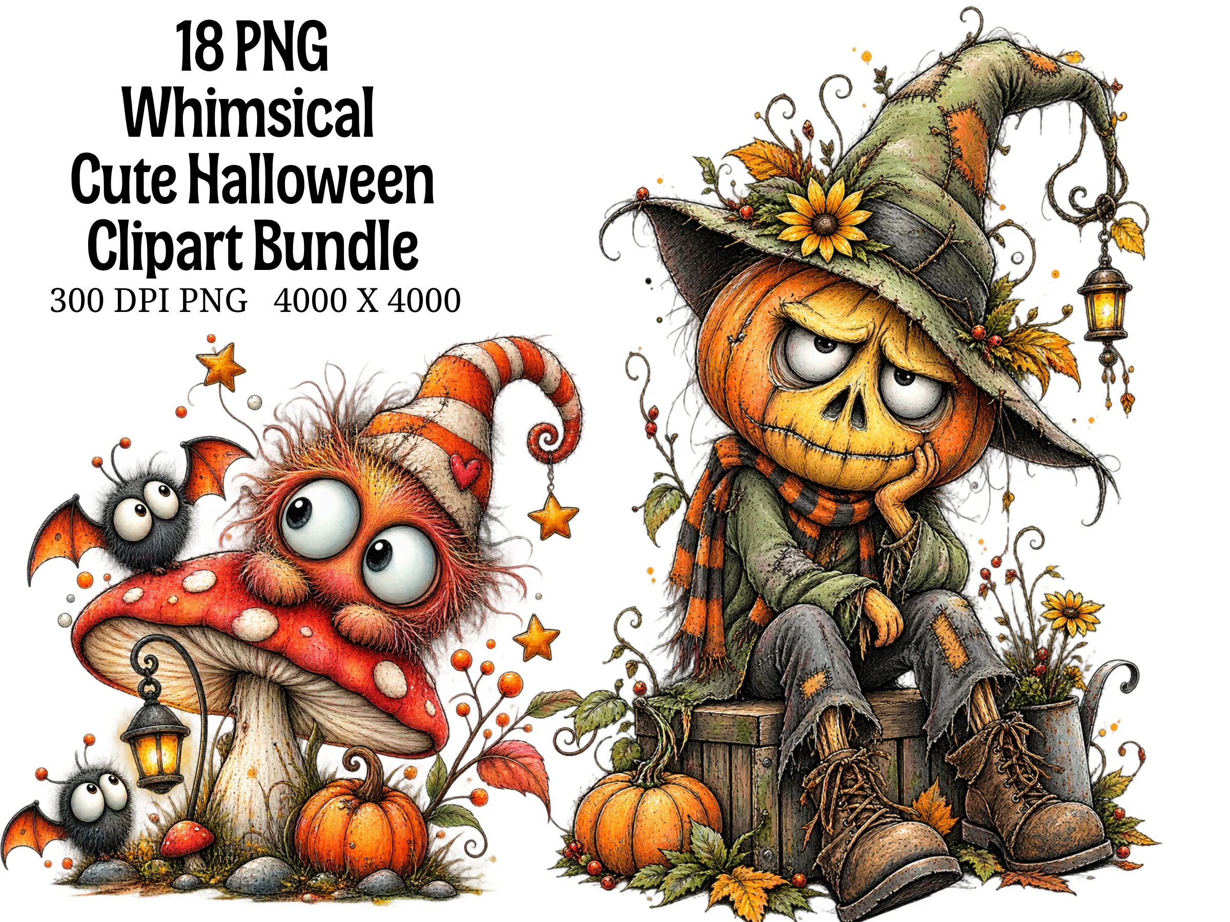Whimsical Cute Halloween Clipart Bundle features two detailed illustrations of anthropomorphic Halloween characters, including a fuzzy creature on a mushroom and a pumpkin-headed scarecrow in a witch hat, rendered in a whimsical, textured style.