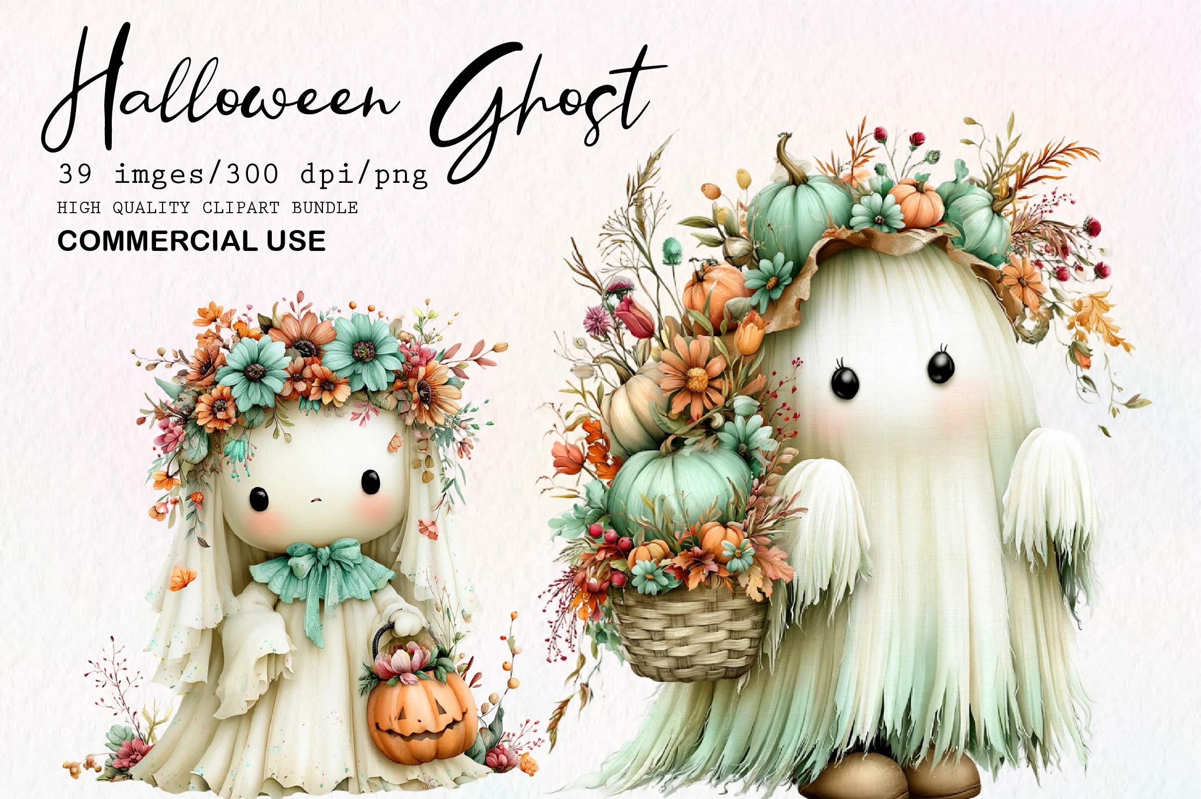 Whimsical Halloween Ghost Clipart featuring ghost and pumpkin