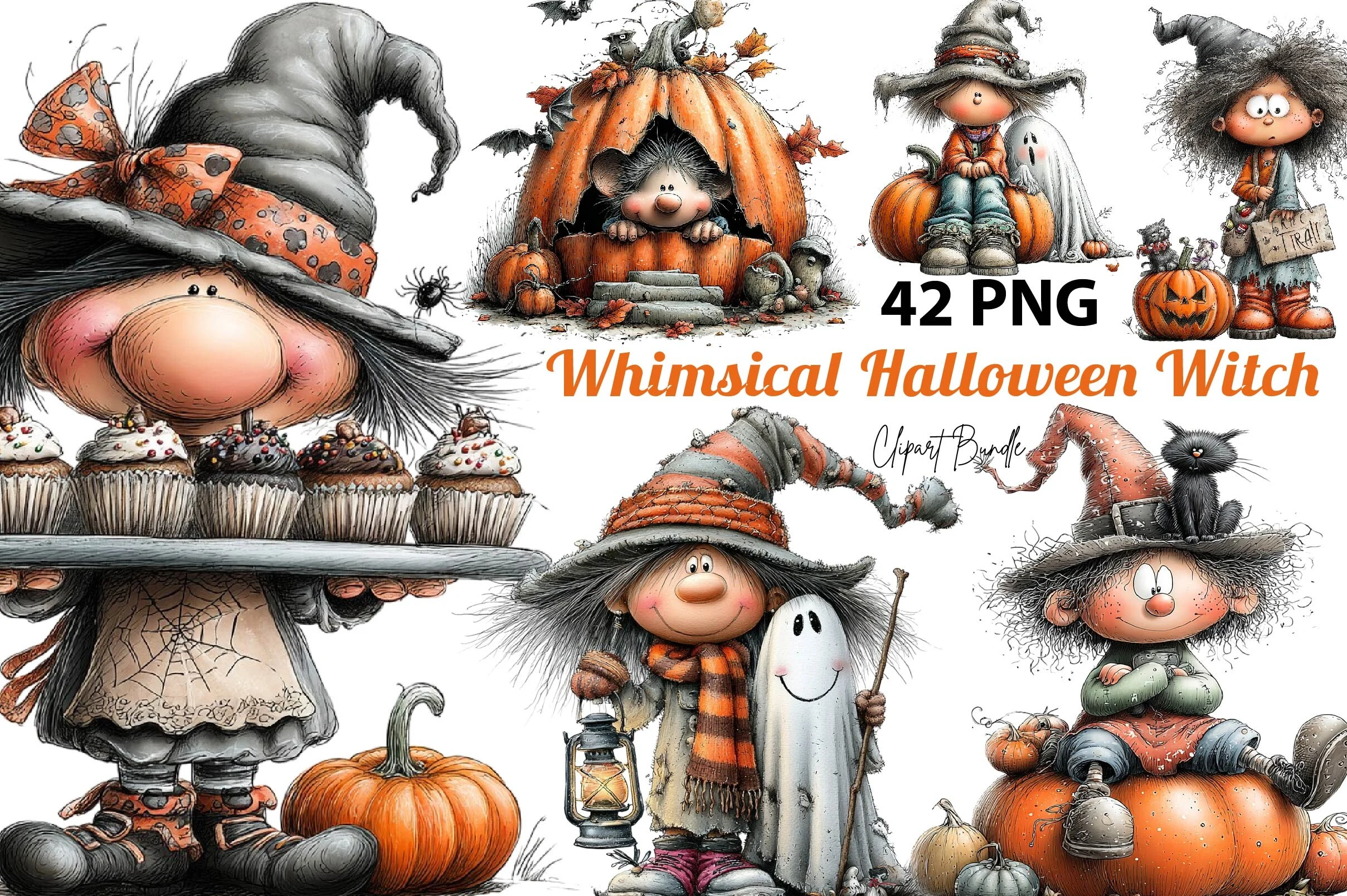Whimsical Halloween Witch clipart bundle featuring various illustrations of small witches with large heads and hats interacting with pumpkins, ghosts, and Halloween treats.