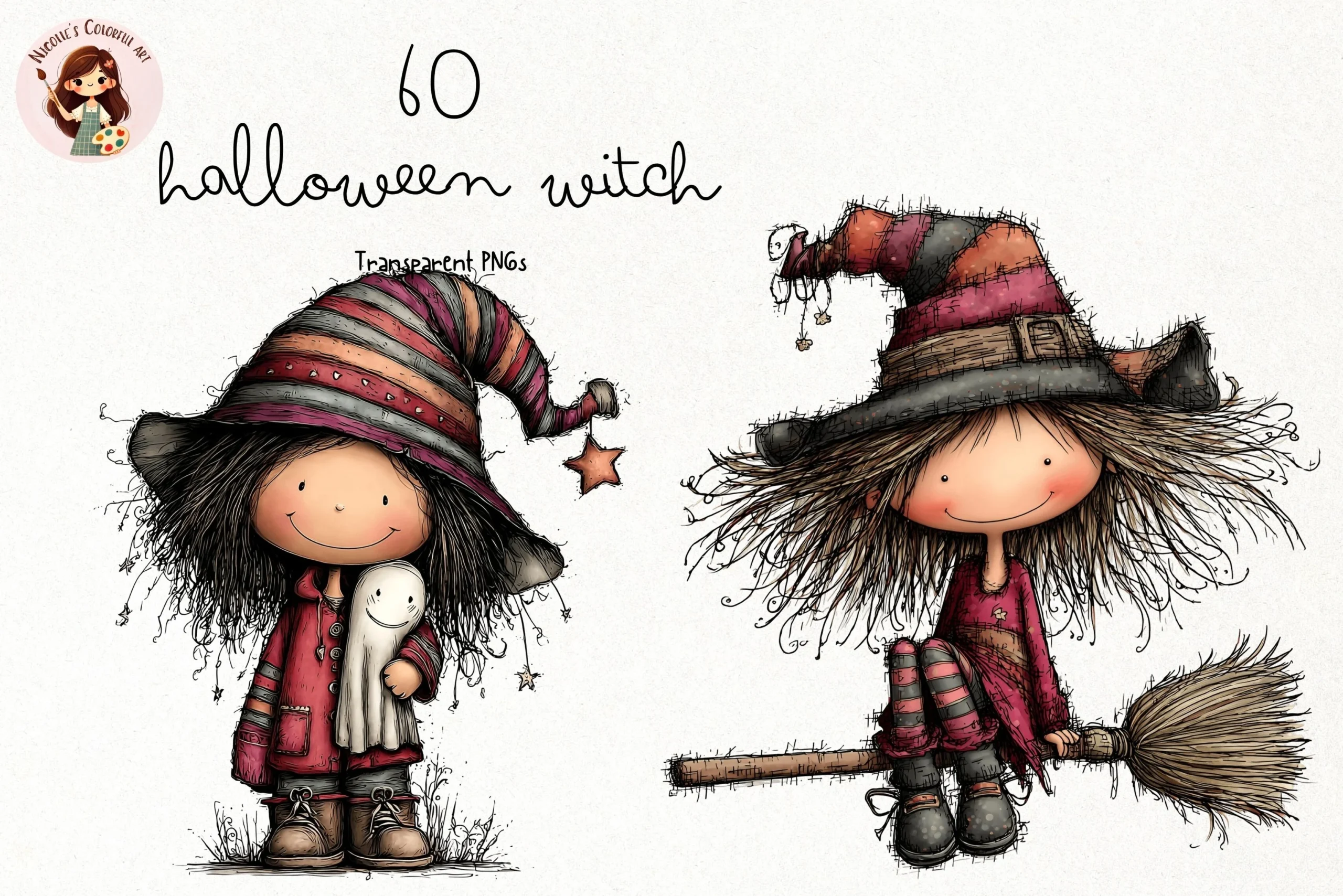 Whimsical Halloween Witch Clipart featuring witch and ghost