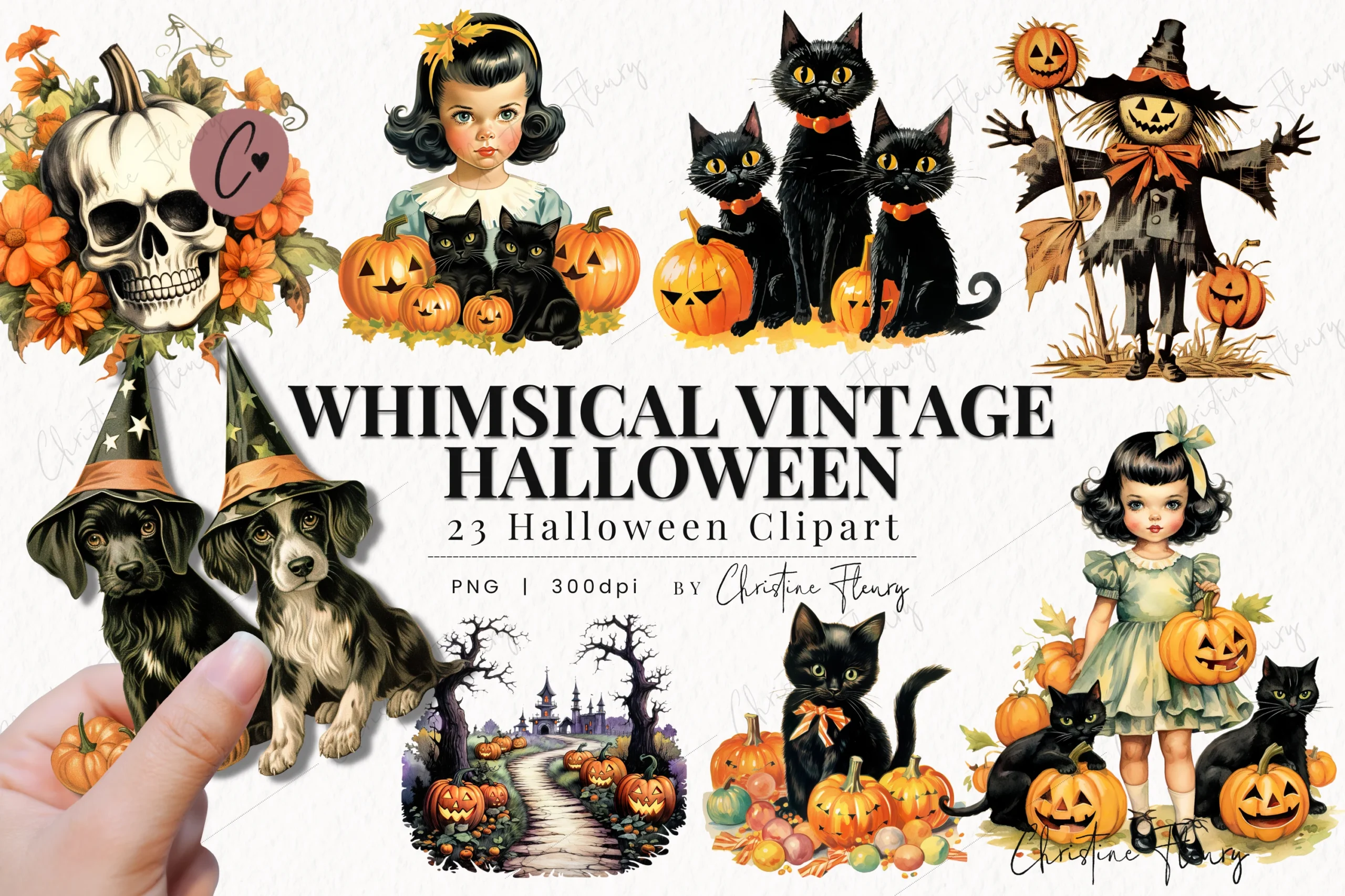 Whimsical Vintage Halloween clipart collection consisting of 23 individual illustrations featuring black cats, pumpkins, children in Halloween costumes, a skull, and haunted scenery in a nostalgic, hand-drawn illustration style.