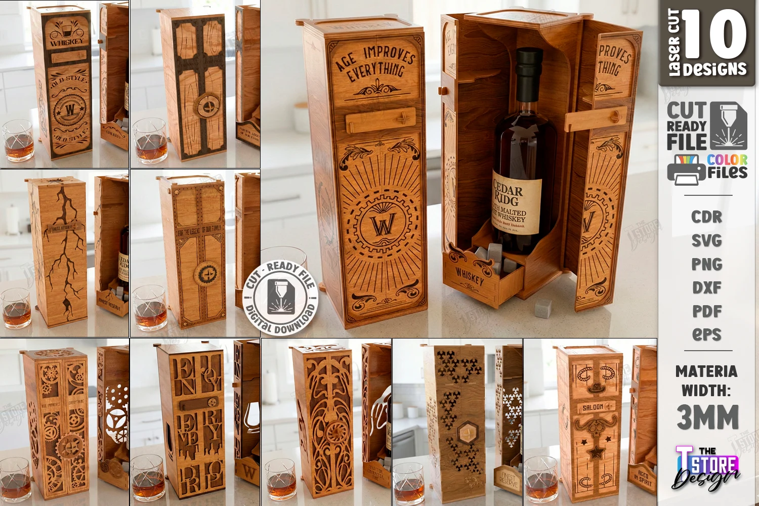 Whiskey Gift Boxes Laser Cut Bundle |CNC featuring whiskey bottle storage boxes and liquor gift cases