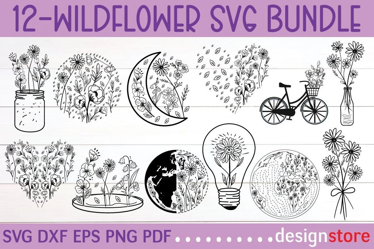 12-WILDFLOWER SVG BUNDLE features 12 isolated black line art illustrations of wildflowers combined with items like hearts, a crescent moon, a bicycle, a lightbulb, and the Earth, arranged in a grid.