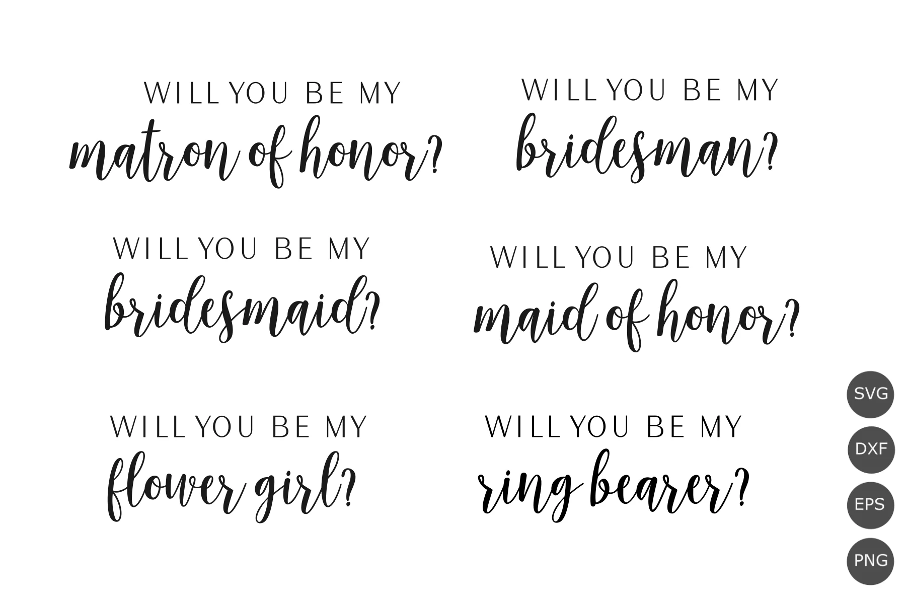 Will You Be My Bridesmaid Svg Bundle featuring wedding party roles and marriage proposal phrases