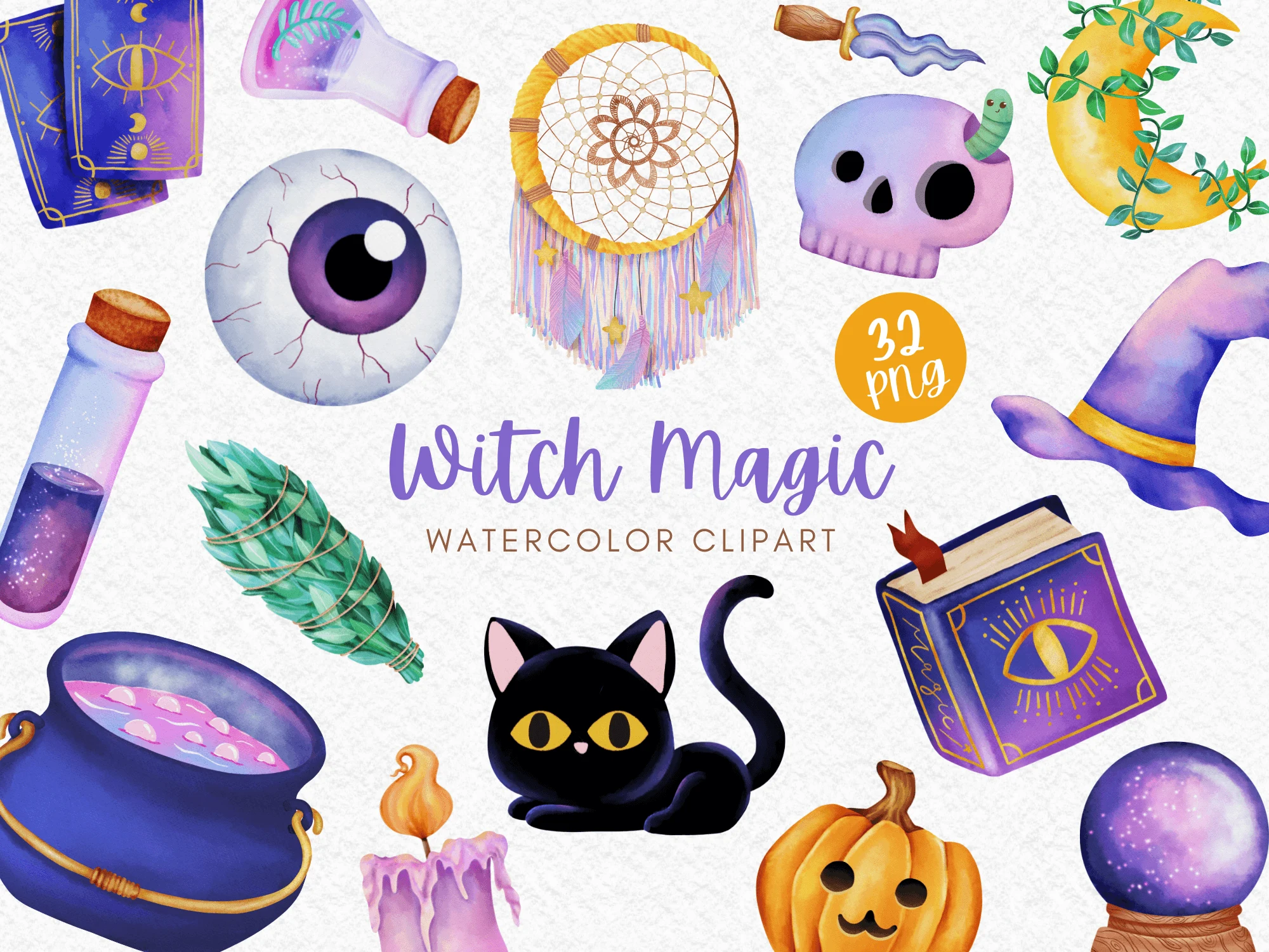 Witch Magic Watercolor Digital Clipart preview showing Halloween motifs with soft watercolor texture