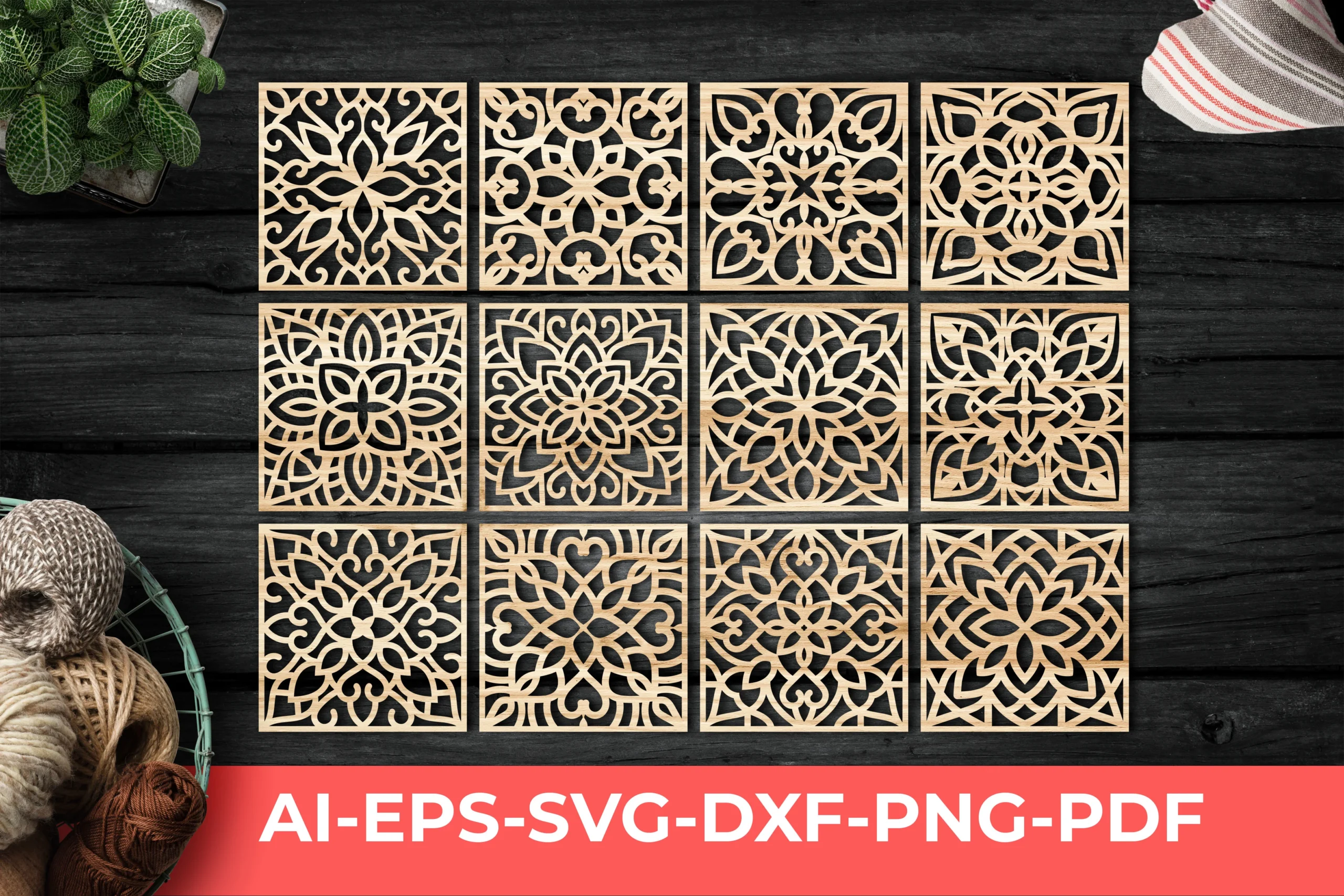 Wood Coasters Design / Cnc Laser Cut featuring ornamental square tiles and mandala-inspired floral motifs