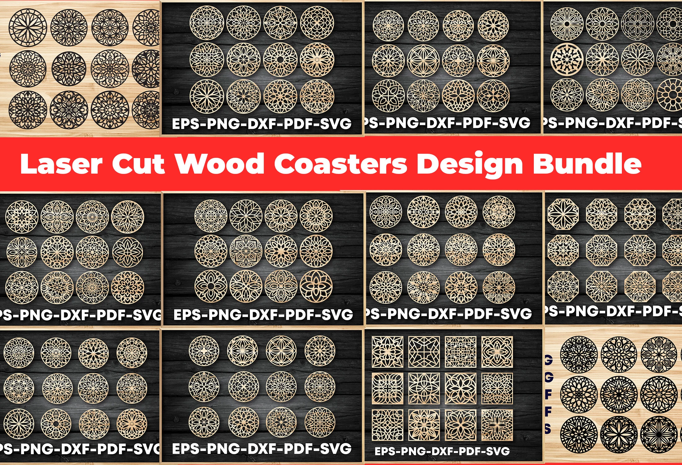 Wood Coasters Design / Laser Cut Bundle featuring mandala and geometric patterns