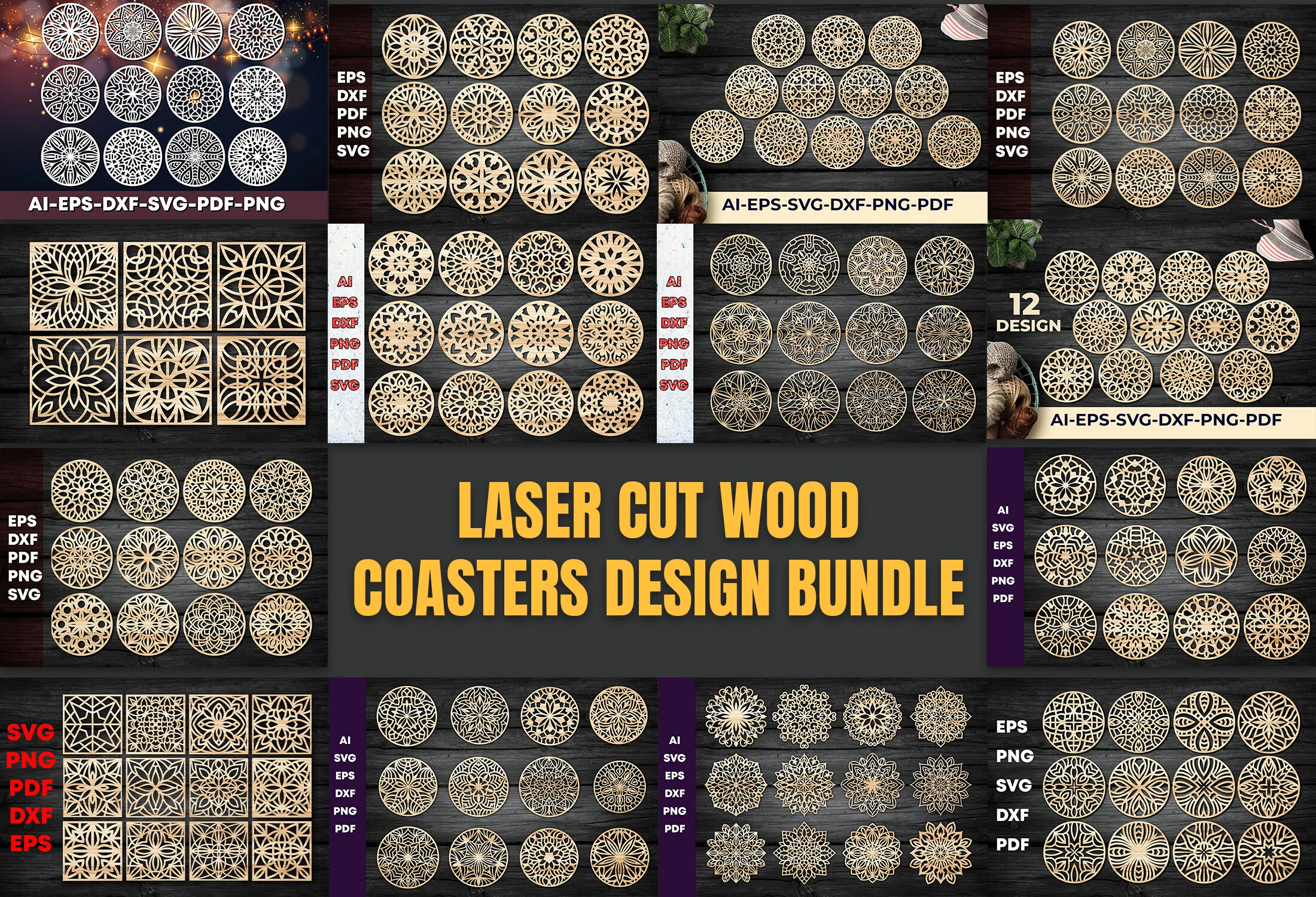 Wood Coasters Design / Laser Cut Bundle2 featuring coasters and mandala patterns