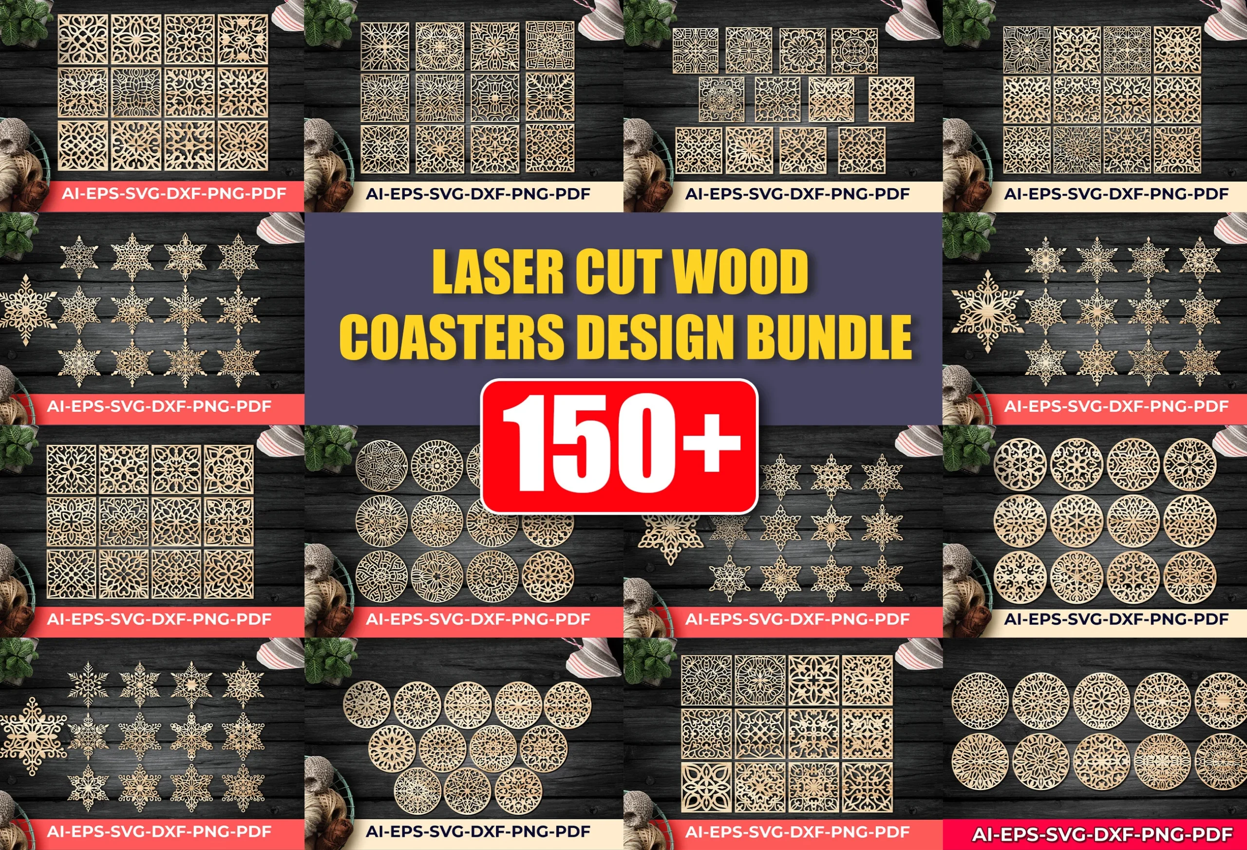 Wood Coasters Design / Laser Cut Bundle3 featuring geometric coasters and mandala patterns